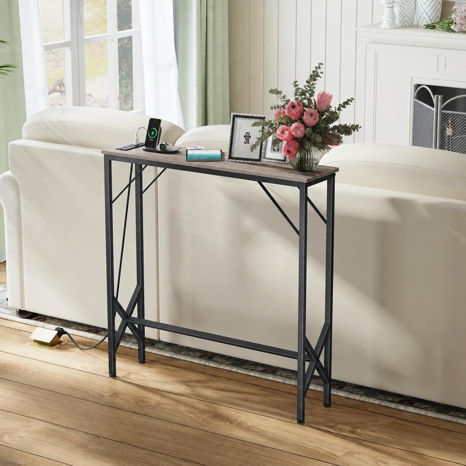 31.5‘’ Console Table, Skinny Entryway Table with Fast-Charging Station, Narrow Long Sofa Table, Behind Slim Couch Table for Entrance, Hallway, Living Room Decor ST-GY80-1