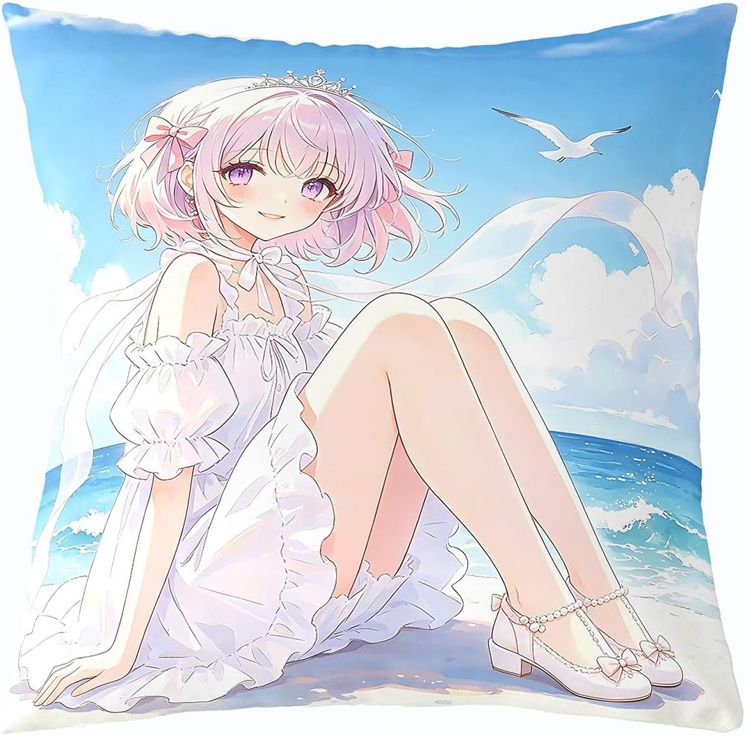 Feelyou Anime Girl Throw Pillow Covers 1 Pcs Japanese Girl Cushion Case Ocean Decor Pillowcase Adorable Princess Indoor Outdoor White Blue and Pink Super Soft 16 x 16-Inch