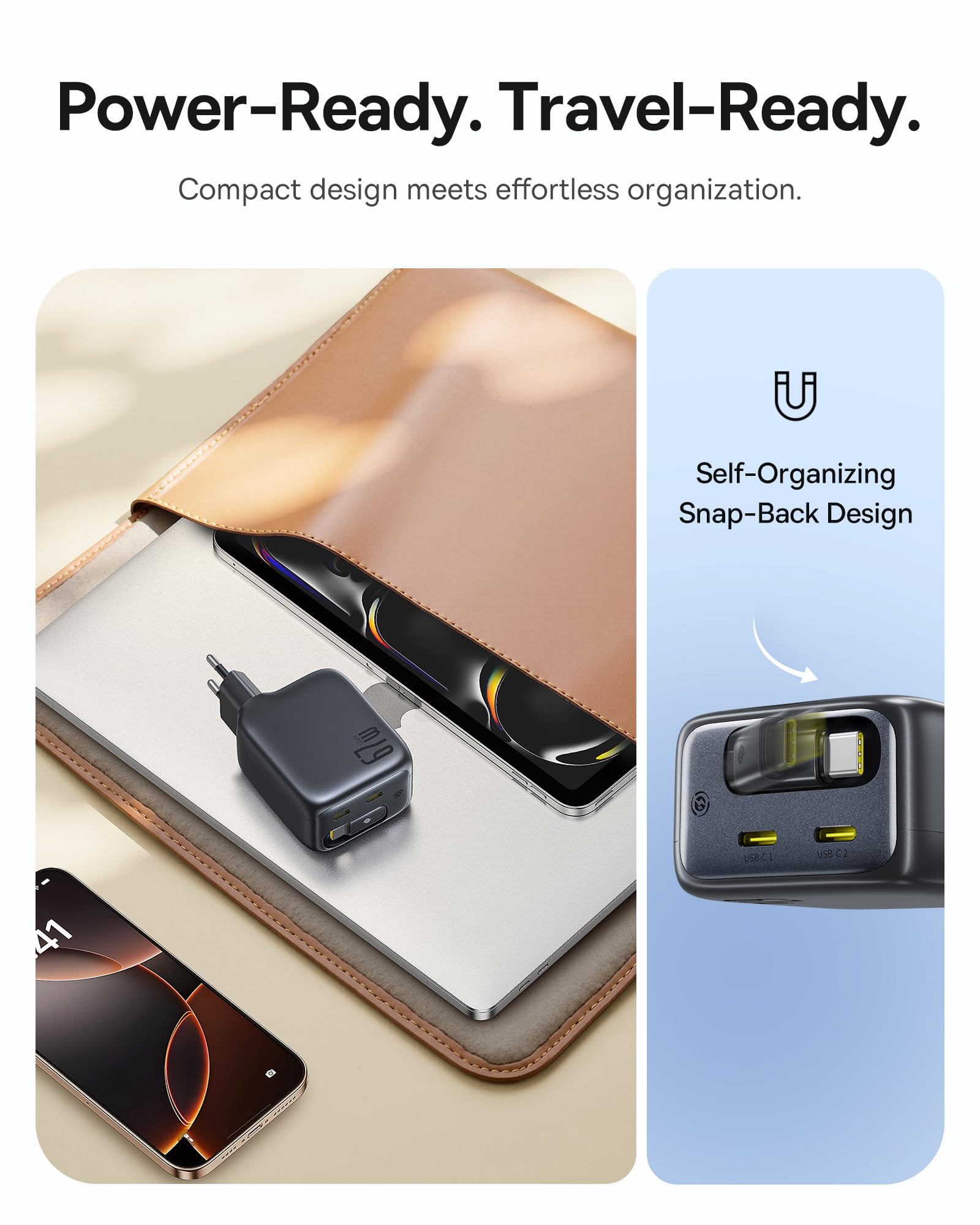 Baseus Enercore Ładowarka USB-C 67W z Wysuwanym Kablem, Zasilacz GaN z 2 Portami USB-C, Kompaktowa Szybka Ładowarka Zgodna z MacBook Pro, Dell, HP, iPad, iPhone 16 Pro, Galaxy S25