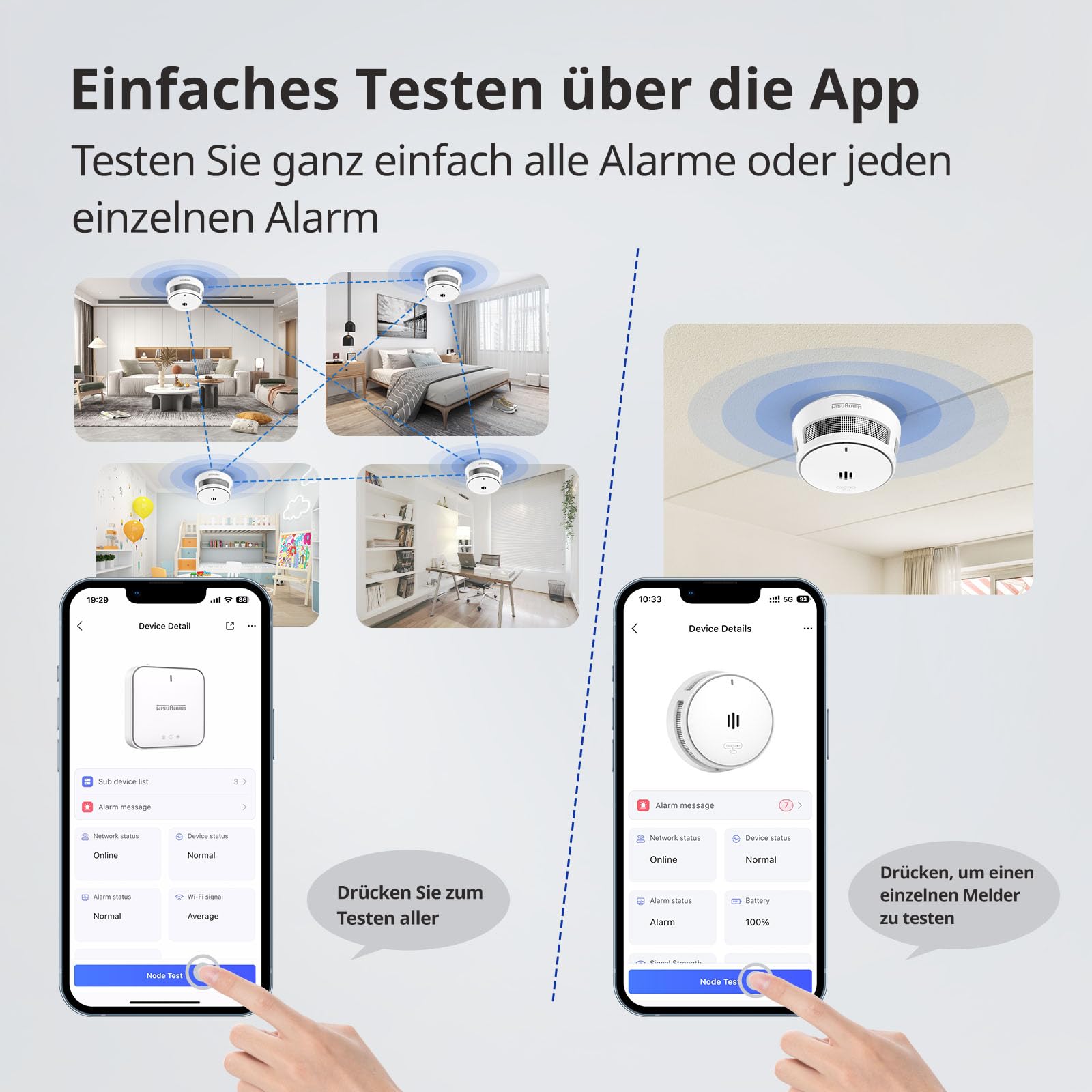 Wisualarm Rauchmelder Vernetzt mit Basisstation (10er Set + 1 Gateway + 10 Magnetpads), Intelligenter Feuermelder mit App für Haus & Büro, 10-Jahres-Batterie, DIN EN 14604 Zertifiziert