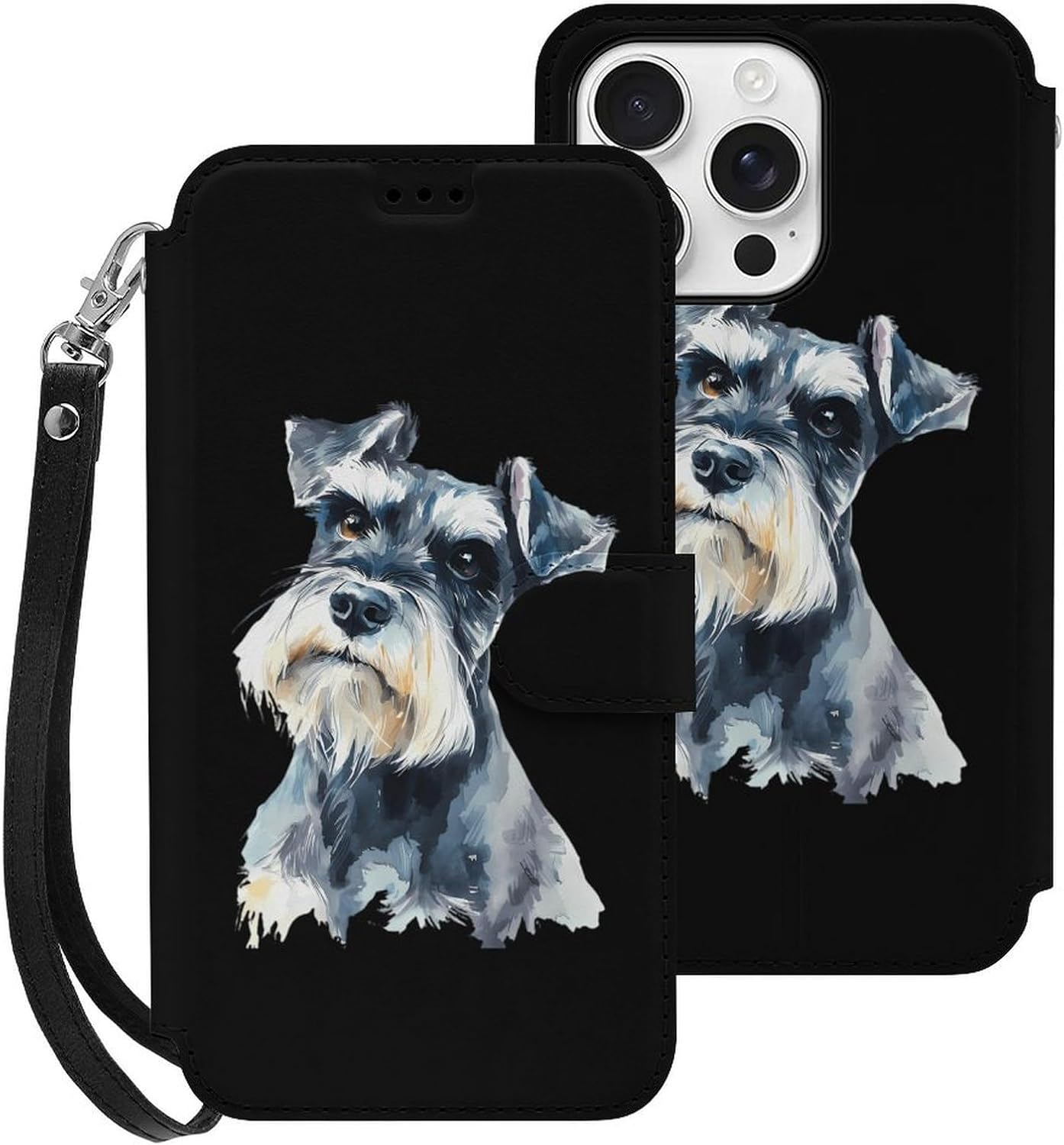 Schnauzer Head Compatible with iPhone 16/16 Plus/16 Pro/16 Pro Max/16 E Case Phone Wallet Card Holder Flip Cover with Wrist Strap