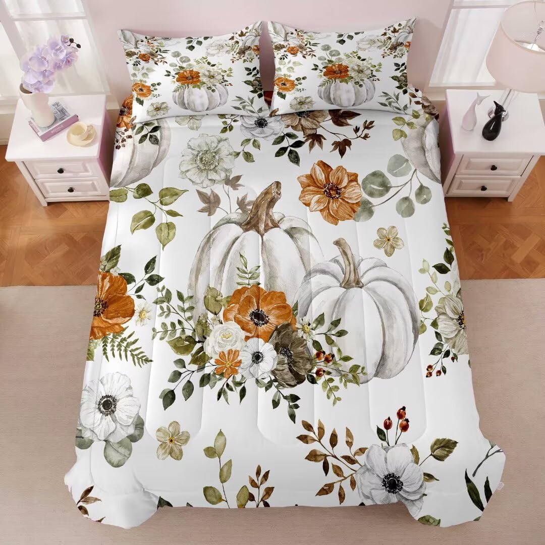 Fall Comforter Set Queen Size(1 Comforter 2 Pillowcases),Fall Pumpkins Bedding Set for Kids Teens Adults,Rustic Floral Quilt All Seasons, Thanksgiving Gift Fall Bed Decor