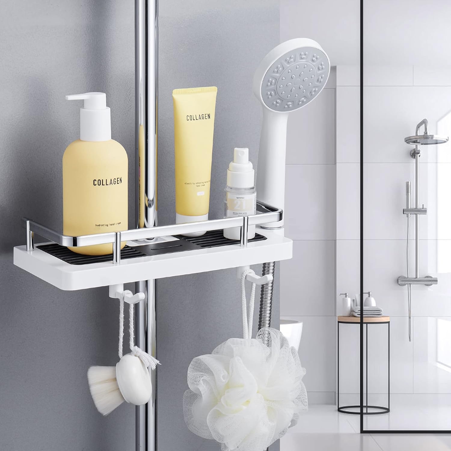 DUFU Shower Caddy No Drill 1Packs Shower Shelf Bathroom Shelf Shower Rack Organiser Holder for Soap Shampoo Towel with Buckle and Shower Head Hook Fit 0.83-0.98in Shower Rail - Image 4