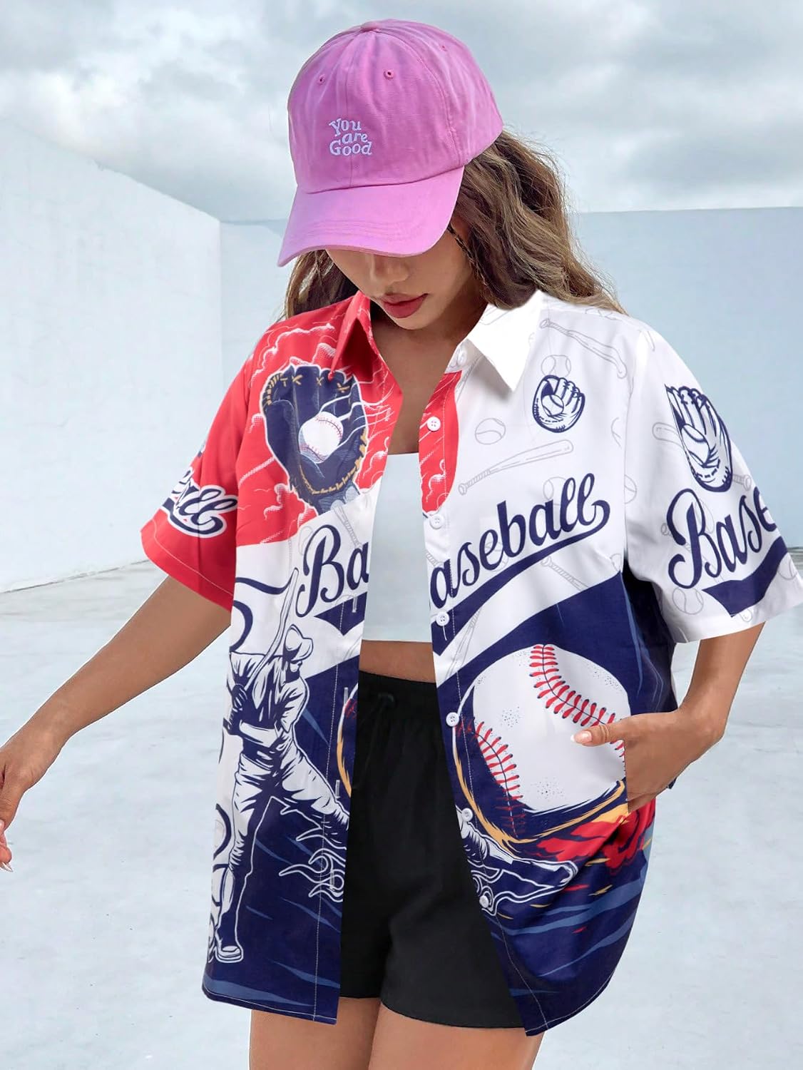 VILOVE Baseball Shirt Women Baseball Hawaiian Shirts Funny Baseball Jersey Game Day Fans Gifts Short Sleeve Button Up Tops