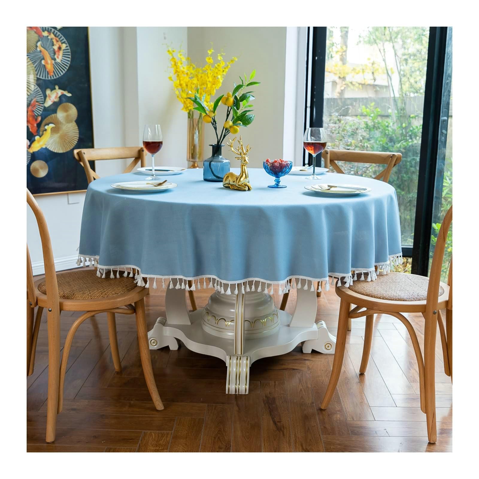 Gualiy Mantel Redondo de Tela, Poliéster Mantel Cocina Cafe Round 160CM Manteles de Mesa Antimanchas Color Sólido con Borlas Mantel para Mesa Cocina, Azul