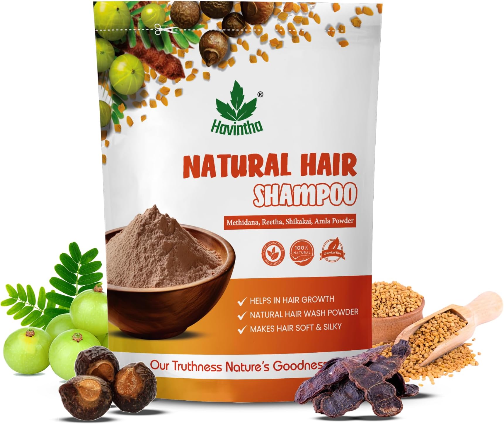 Havintha Natural Hair Shampoo With Herbal Amla Reetha Shikakai And Methi Dana Powder For Men & Women, Totally Organic | Paraben And Sulphate Free Shampoo - 227gm (Pack of 1)
