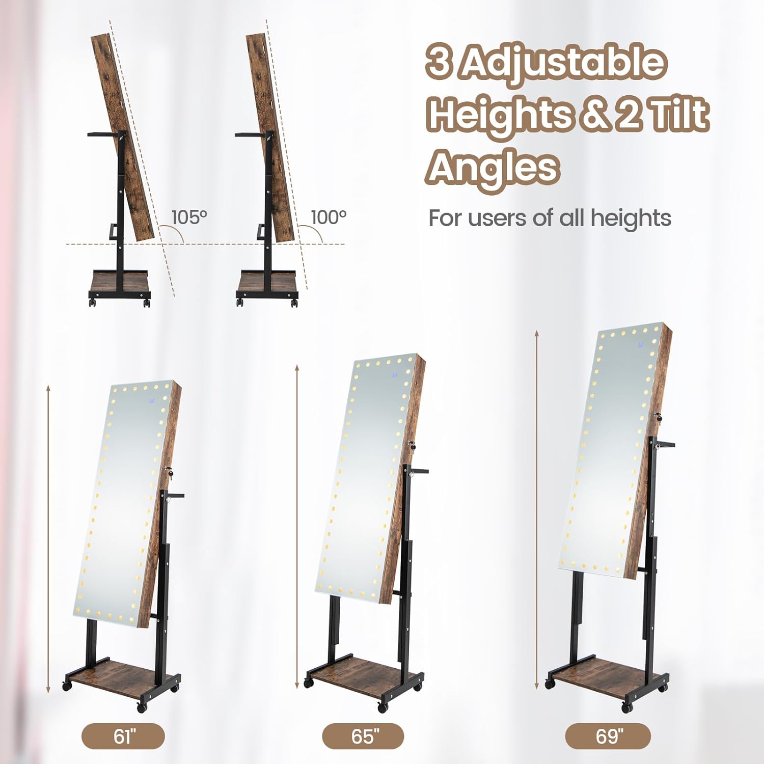 Adjustable height and tilt angles of the CHARMAID Jewelry Armoire