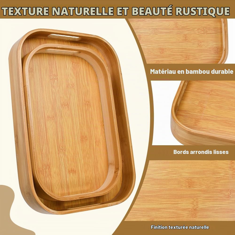 2 Pcs Plateau Bois Rectangulaire, Plateaux Petit-Déjeuner avec Poignées, Plateau Service avec Rebord Surélevé, Plateaux Traiteur Bambou 2 Tailles, pour Cuisine Restaurant Boisson Snack