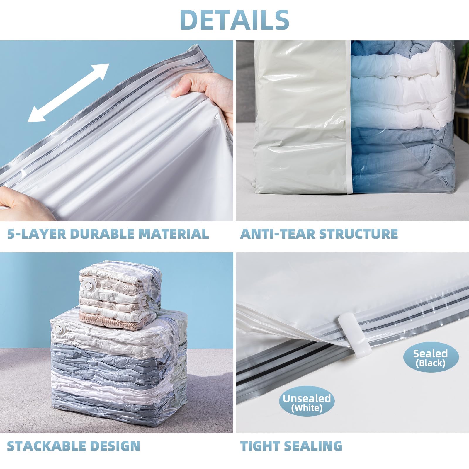 Confezione da 8 sacchetti sottovuoto, cubi combinati (3 jumbo+5 medi), sacchetti sottovuoto per abbigliamento, biancheria da letto, coperte, salvaspazio per l'organizzazione dell'armadio