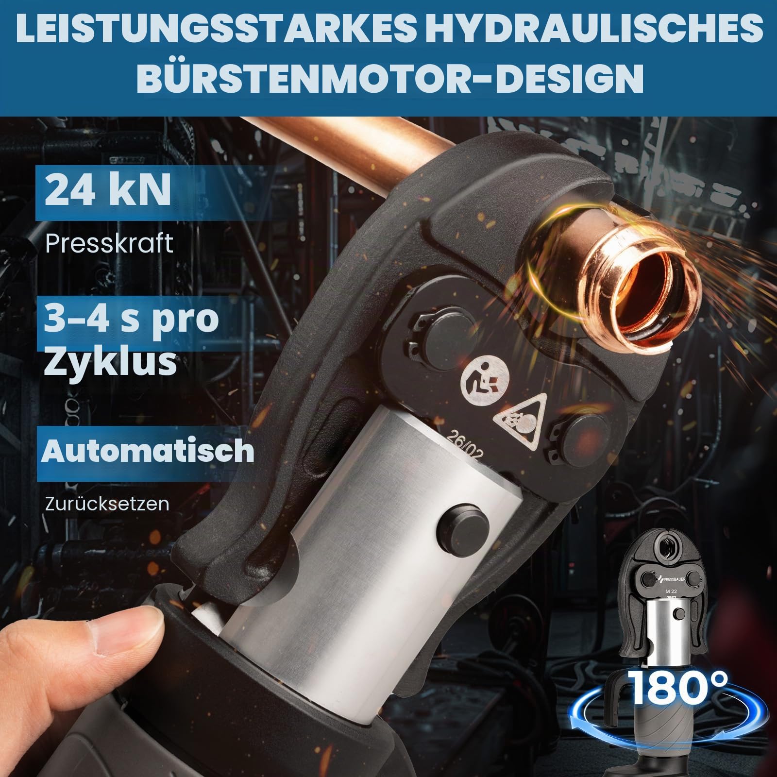 Professional Akku Presswerkzeug, Schubkraft 24KN Elektrisches Crimpwerkzeug mit M15, M22, M28-Backen, Pressmaschine mit 2 Stück 21V-4,0-Ah-Akku, Schnellladegerät und Tragetasche
