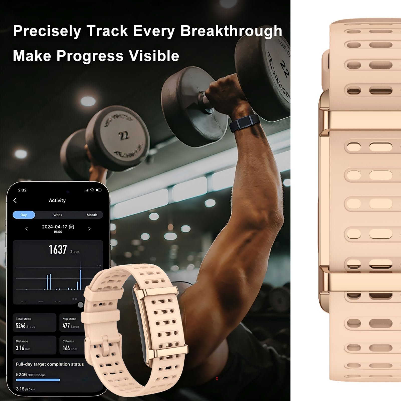 findtime Tracker d'activité sans écran - Podomètre portable - Moniteur de fréquence cardiaque - Moniteur de sommeil - Mesure de la fréquence cardiaque - Bracelet en nylon - Mode multisports - Or rose
