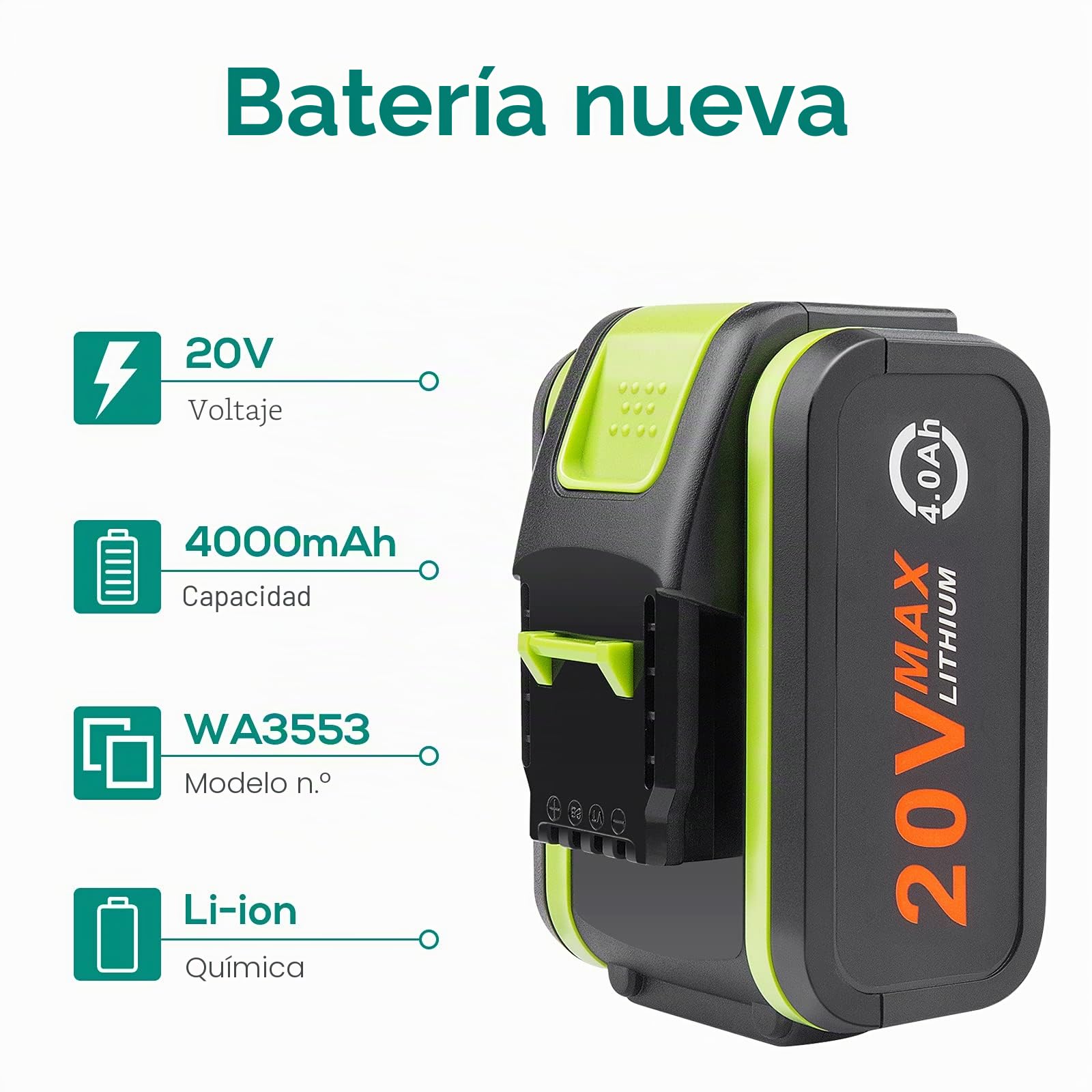 LabTEC Paquete de 2 baterías de repuesto de 20V 4000mAh/4.0Ah para Worx 20V WA3551, WA3551.1 WA3553 WA3553.2 WA3641 WG629E WG546E WU268 WX166.4 WX372.1 WX800 WX802 WX678 WX550 WX523 WU531.9 WG894E