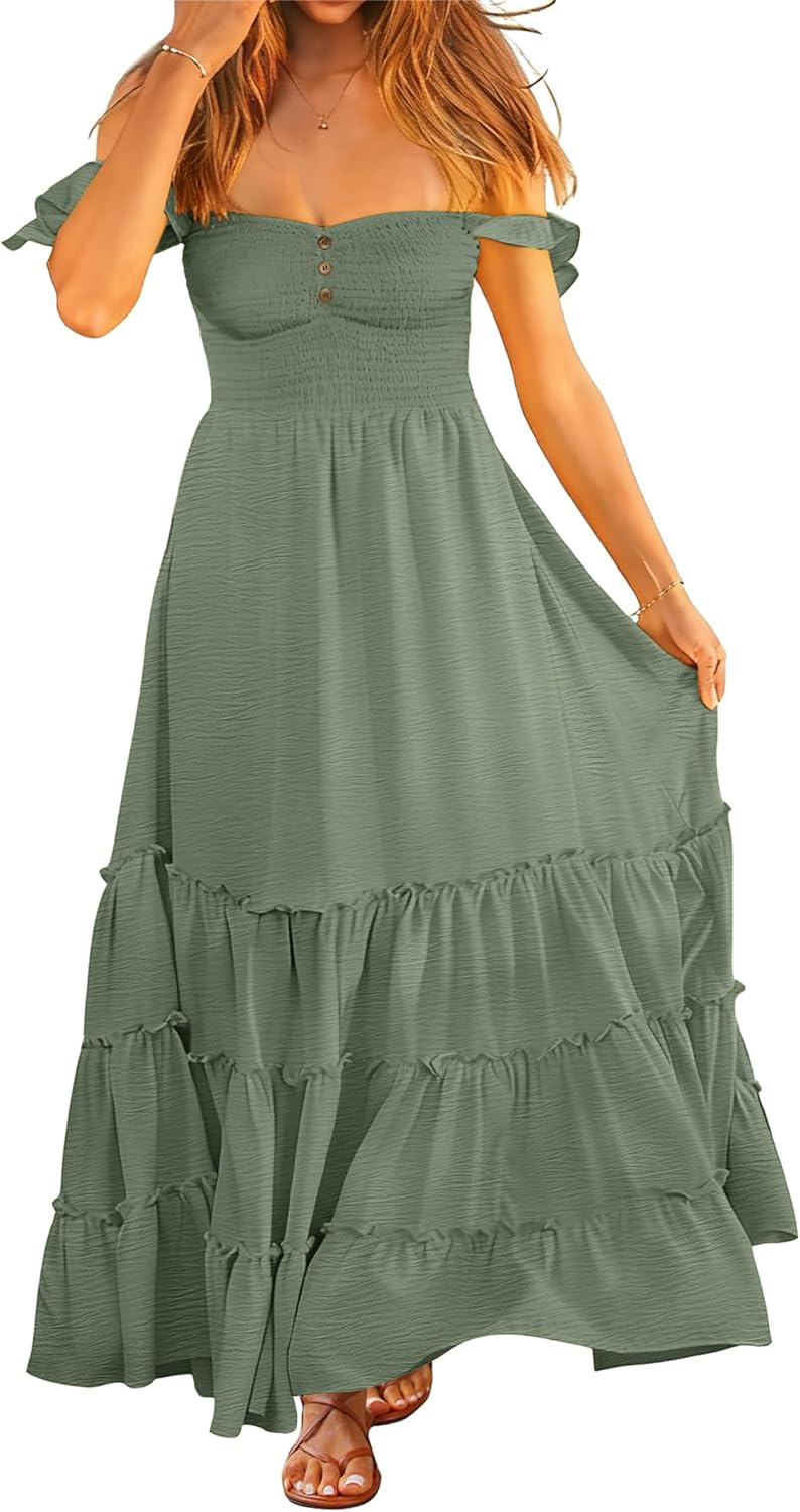 ANRABESS Womens Summer Casual Off The Shoulder Maxi Long Dress 2026 Smocked Ruffle Strap Backless Flowy Tiered Beach Sundress
