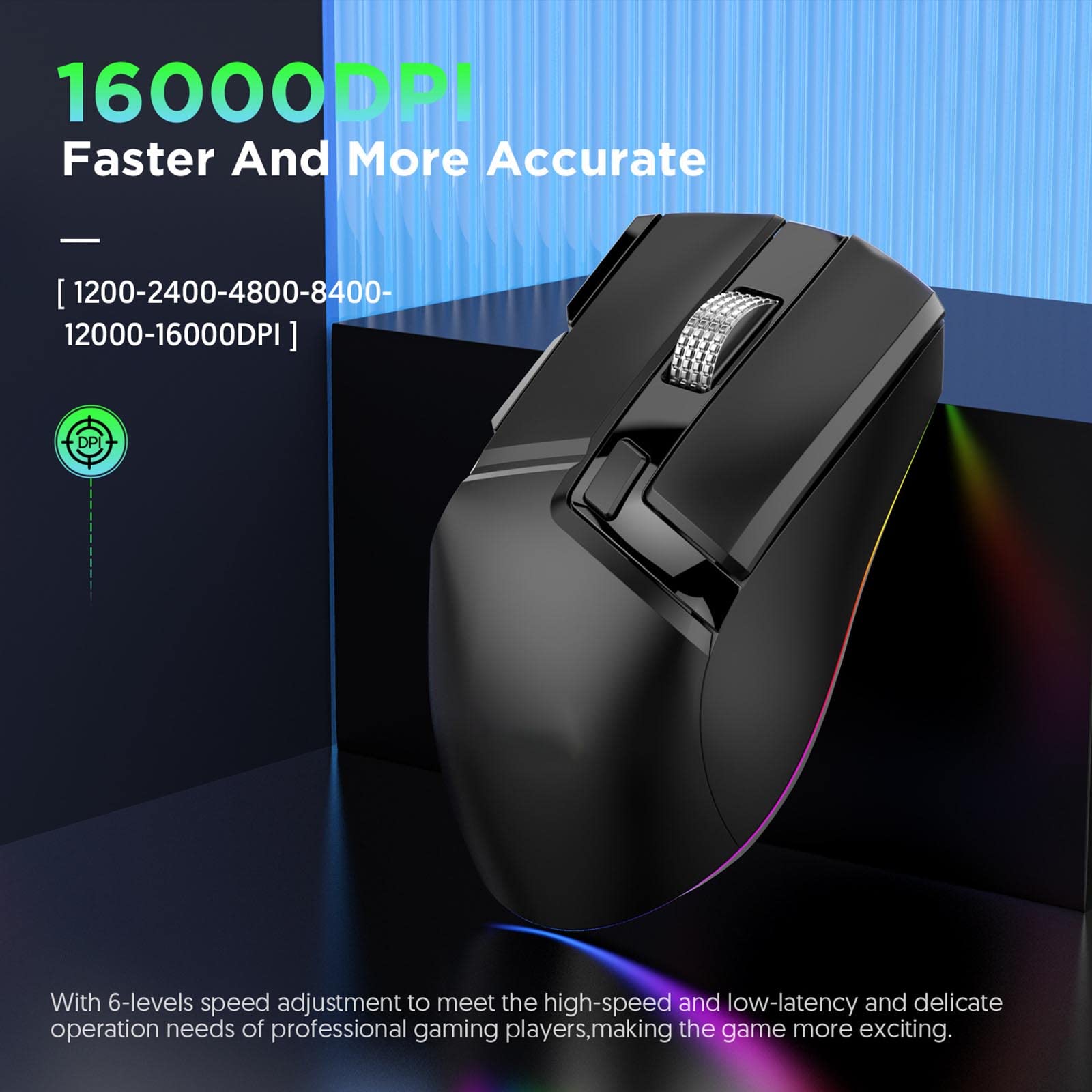 JUSHZ Mouse Wireless Ricaricabile Ergonomico Senza Fili Usb Cablato Fotoelettrico Doppio Rullo USB Regolazione A Sei Velocità Da 16000 Dpi (123x73x42MM,black)