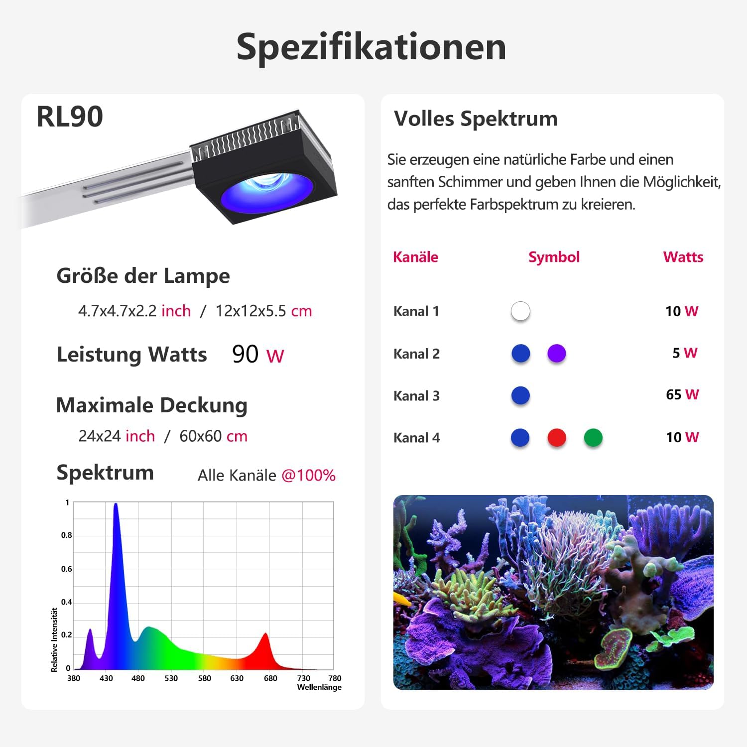 PopBloom RL90 WiFi Reef LED Light, 100W Reef Aquarium Lighting for Marine SPS LPS Corals Saltwater Fish Tanks, Enhanced Violet and Blue Spectrum, APP Fully Programmable (Black, with Hang kit)