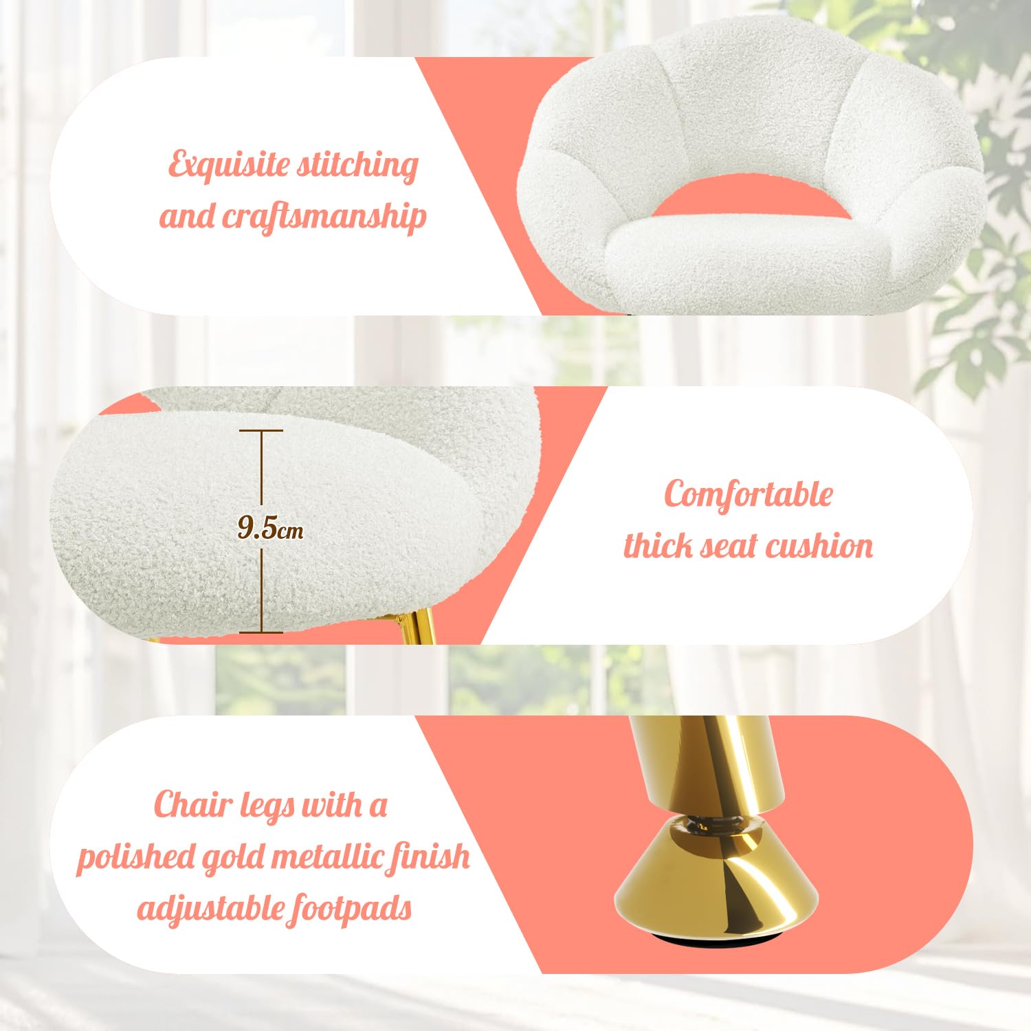 Schminktisch Stuhl, Teddy-Stoff Relaxsessel & Lesesessel, Schminkstuhl in Blumenform, Luxus Loungesessel für Arbeitszimmer, Schlafzimmer, Wohnzimmer, Balkon (Teddy-Stoff, Beige)