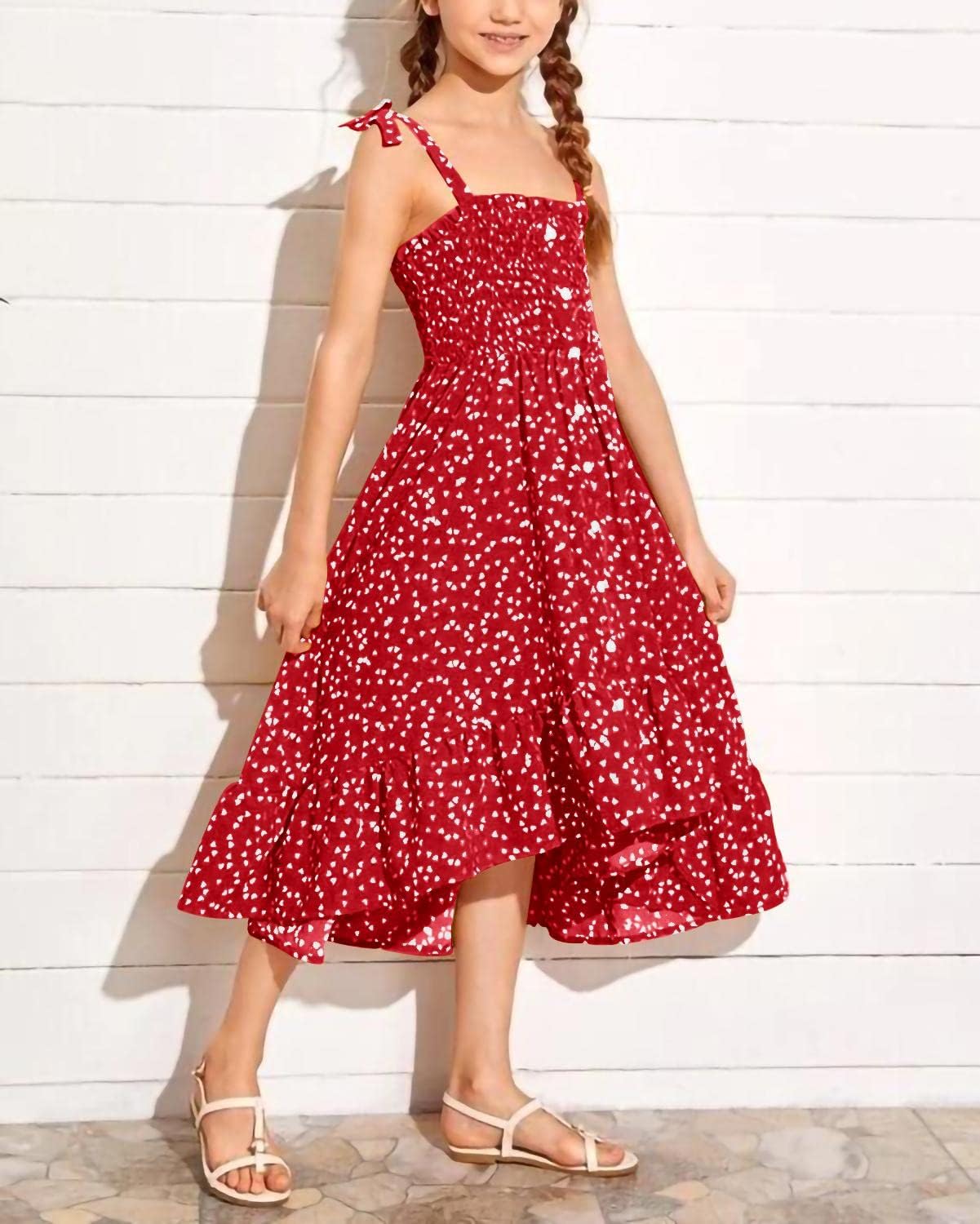 Girls Summer Dress Kids Sleeveless Tie Strap Boho Beach Midi Dress Smocked Ruffle Flowy Sundresses - Image 3