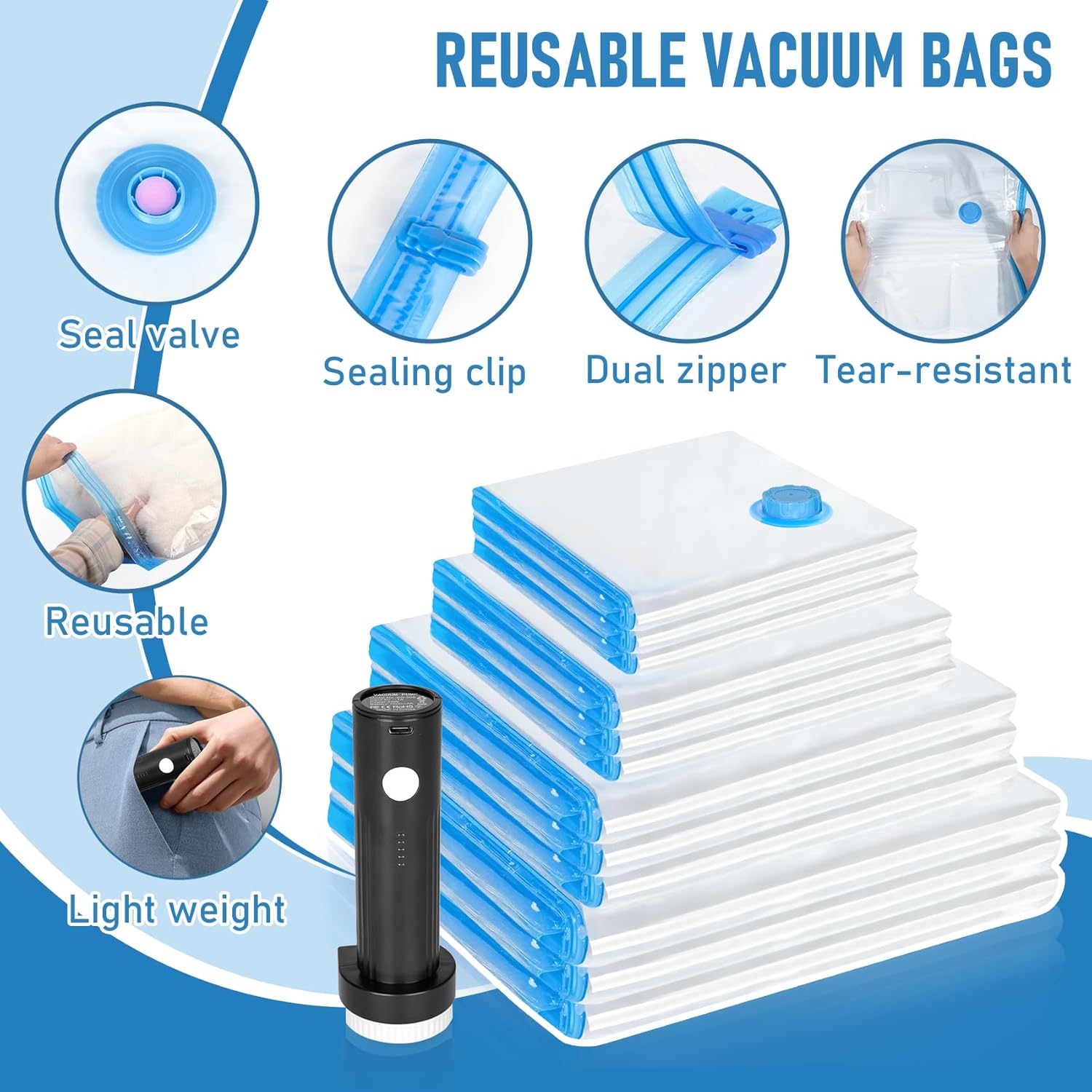 Vacuum Seal Bags for Clothing Travel with Rechargeable Air Pump, 12 Pack of 4 Carry-on Size Space Saver Vacuum Storage Bags, Compression Packing Bags for Luggage Suitcase for Closet Organization - Image 4