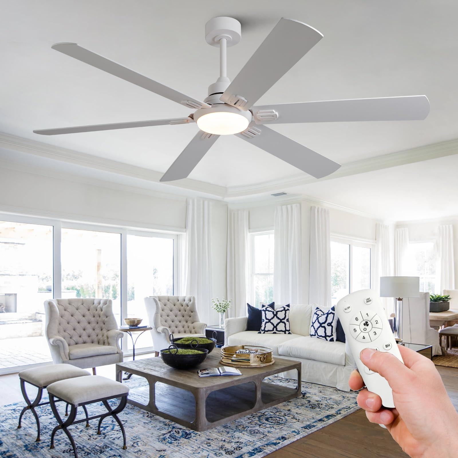 BOOMJOY 60 Inch Ceiling Fans with Lights and Remote, Outdoor/Indoor Ceiling Fan with Quiet Reversible DC Motor, 6 Blades White Ceiling Fan for Living Room Patio