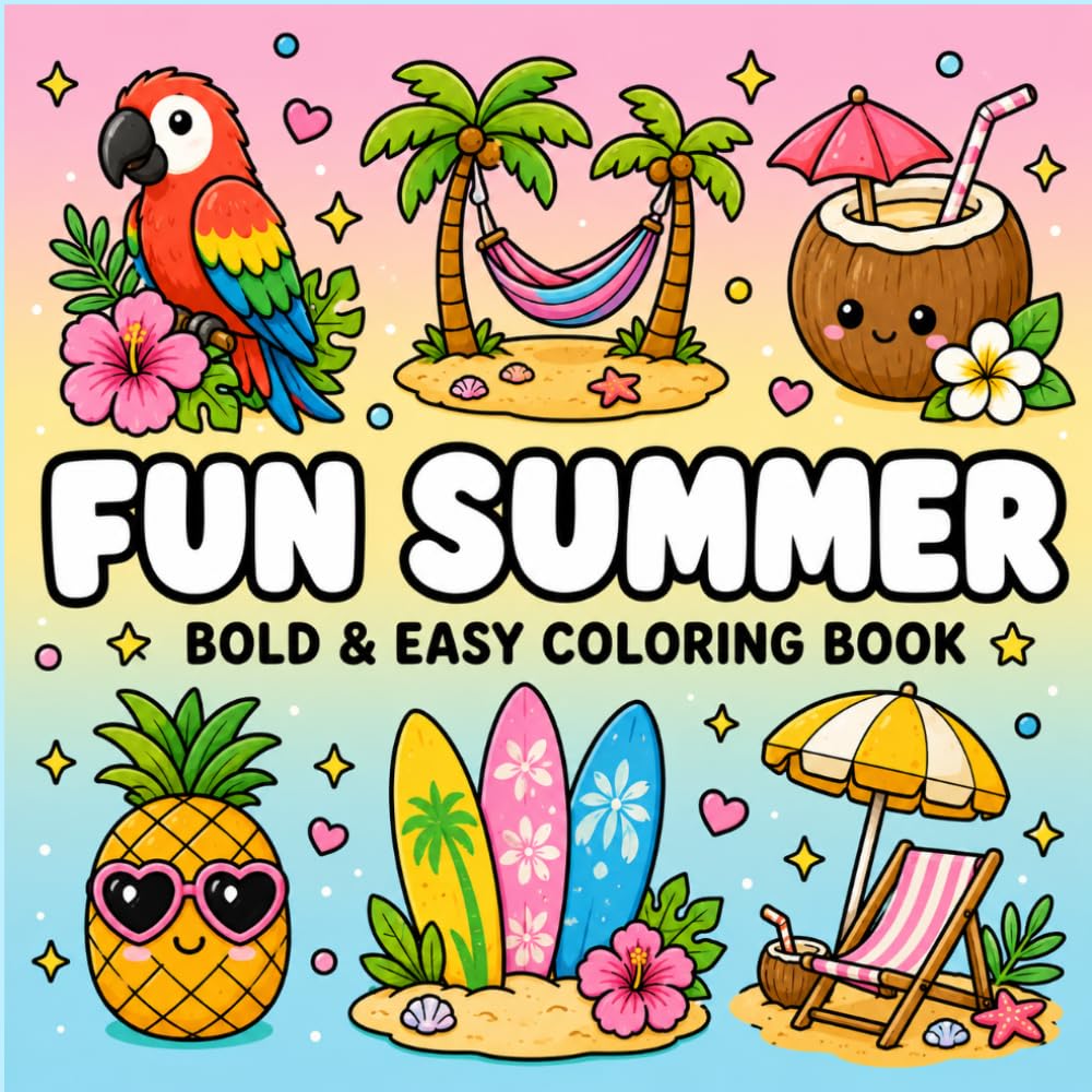 Fun Summer Bold & Easy Coloring Book for Kids, Teens and Adults: Cute Tropical Beach Designs with Surfboards, Palm Trees, Pineapples & Summer Vibes (K-Pop Love Coloring Book Series)