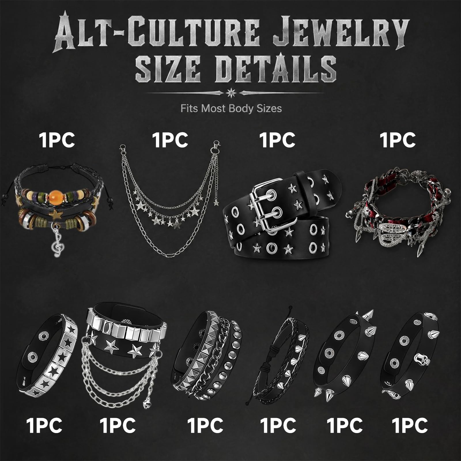 Juego de 10 accesorios unisex Y2K que incluye cinturón con estampado de estrellas, juego de pulseras de 7 piezas, gargantilla gótica negra y cadena de cintura de metal, cuero negro, moda