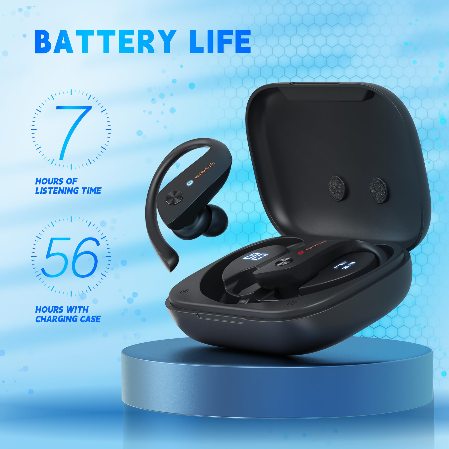 HAPPYAUDIO Ecouteurs Bluetooth sans Fil Sport,56H Ecouteurs Bluetooth Sport 5.3 HiFi Stéréo avec Antibruit - Ecouteurs sans Fil avec 2 ENC Mic,IP6 Étanche Bouton de Contrôle Écran LED