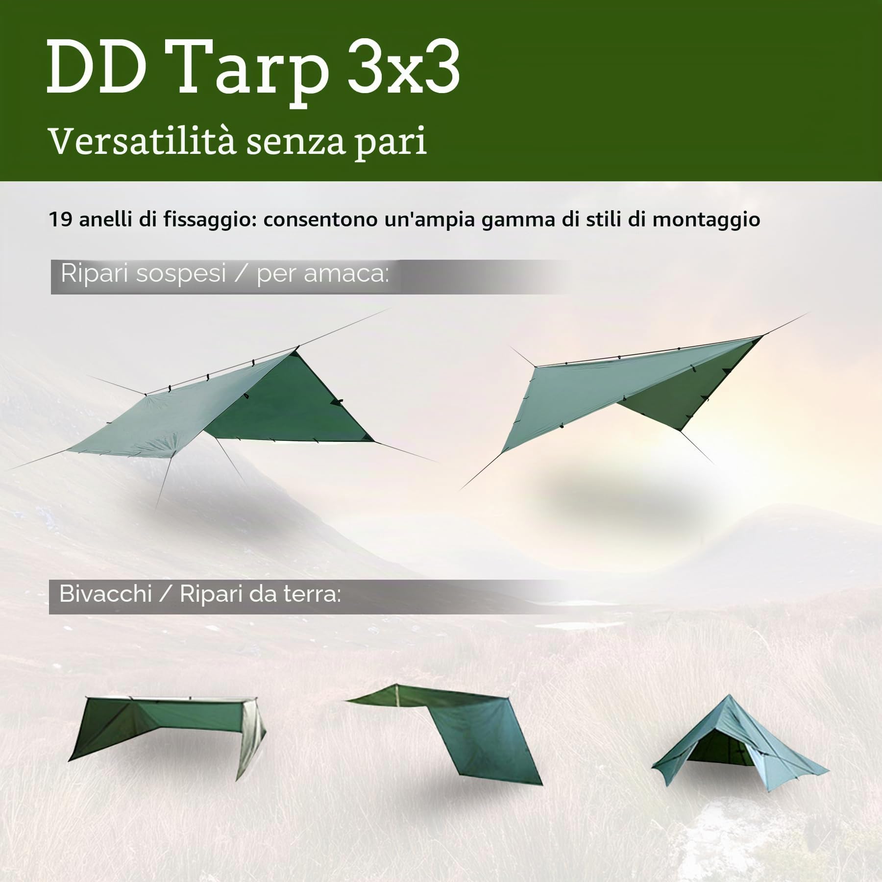 DD Hammocks - Tendalino in tela catramata, leggero, versatile e robusto, misure: 3 x 3 m