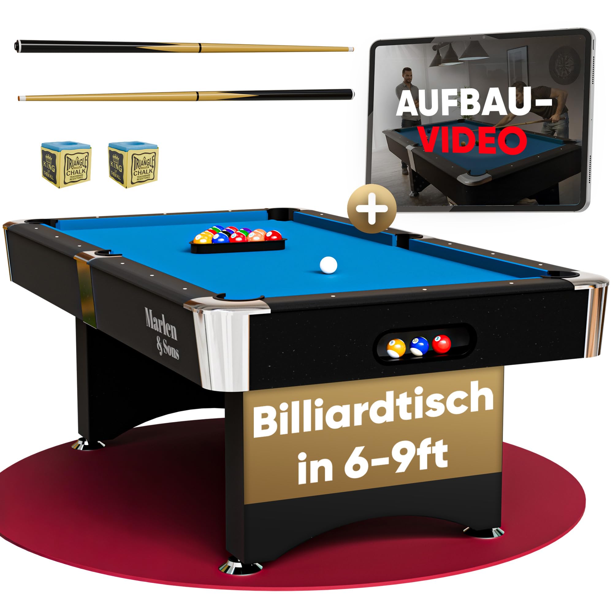 Marlen & Sons Billardtisch - CueMaster 8FT Billiard Tisch mit Auto Kugelrückführung - Billiardtisch 244 x 132 cm inkl. Zubehör-Komplettset
