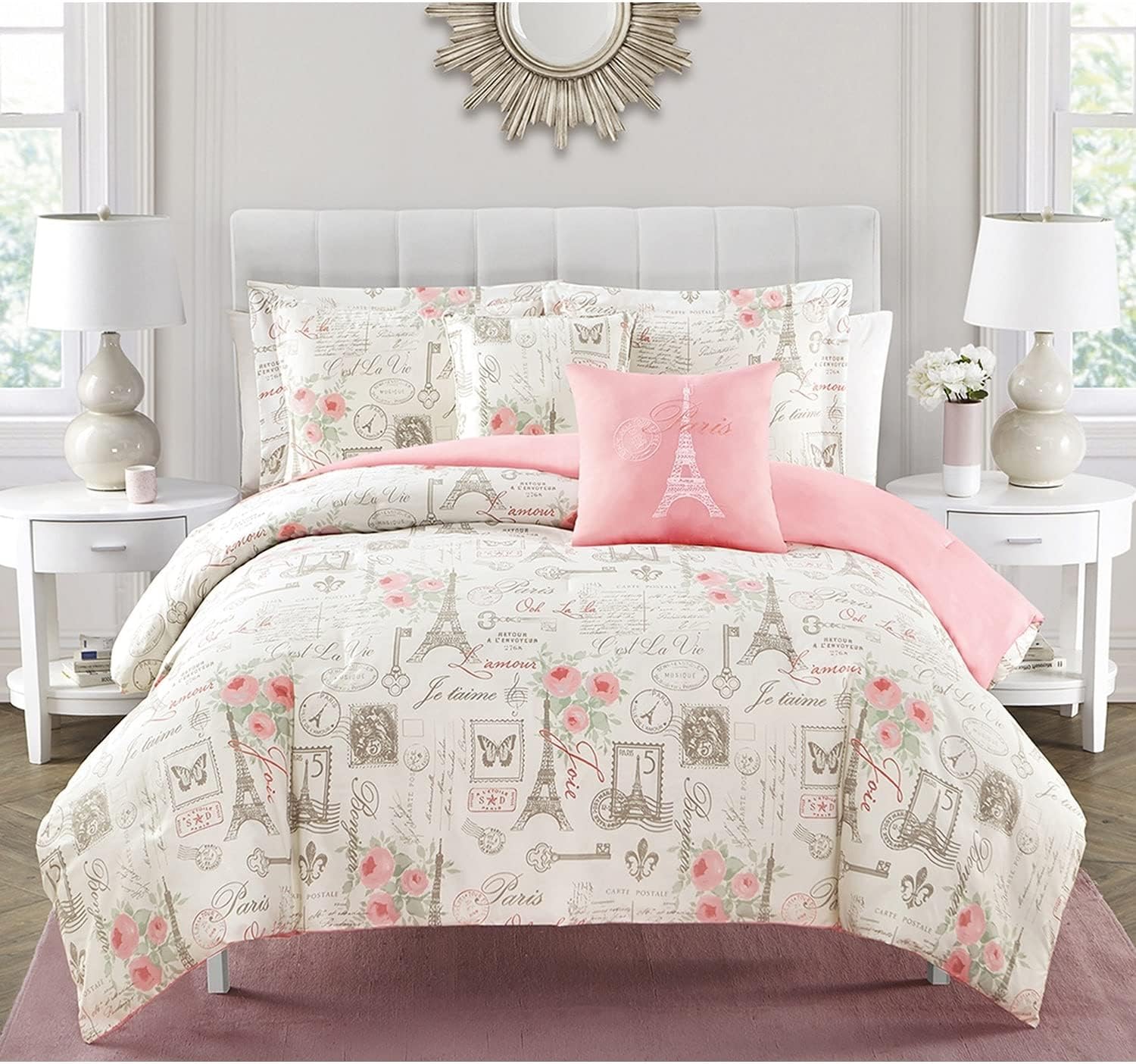 City of Romance 5-Piece Comforter Set, Super Soft, Paris decor for bedroom, Eiffel Towers, Watercolor Floral Bouquets, Butterflies, Reversible Bedding, French Country Pattern, Pink/White, Queen