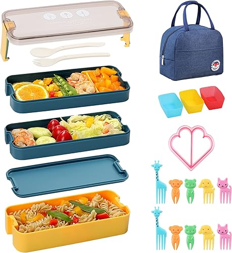 Bento Box - Lonchera para adultos, 3 en 3, kit de lonchera bento con cortadores de sándwich, recipientes de almuerzo aptos para microondas con bolsa