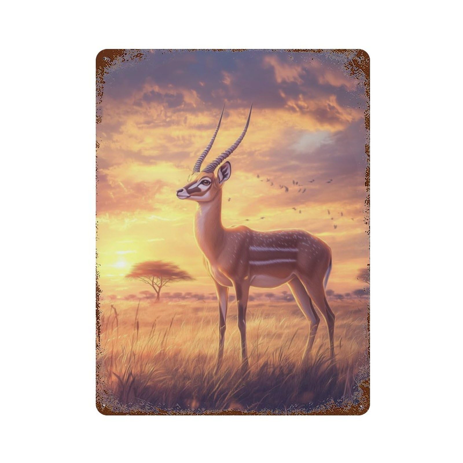 Gazelle at Sunset Vintage Wall Sign 15.7"x11.8", Rust Effect Metal Decor for Farmhouse, Kitchen And Entryway Decor