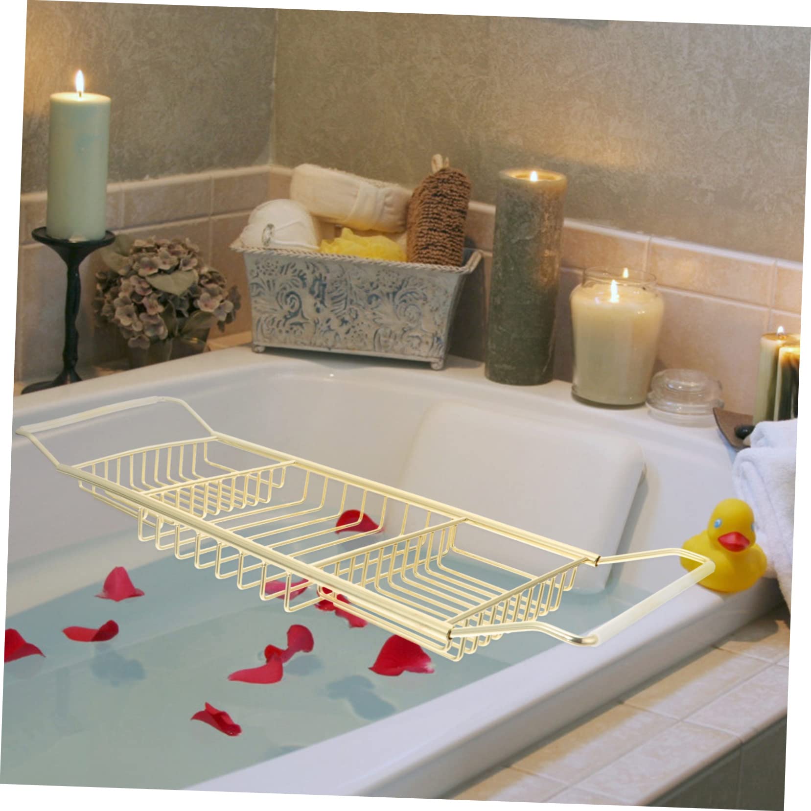 Estante de bañera con soporte para laptop y organizador de pelo, estante de acero inoxidable para almacenamiento de bandeja de baño y gestión de libros, diseño de tocador 3 en 1