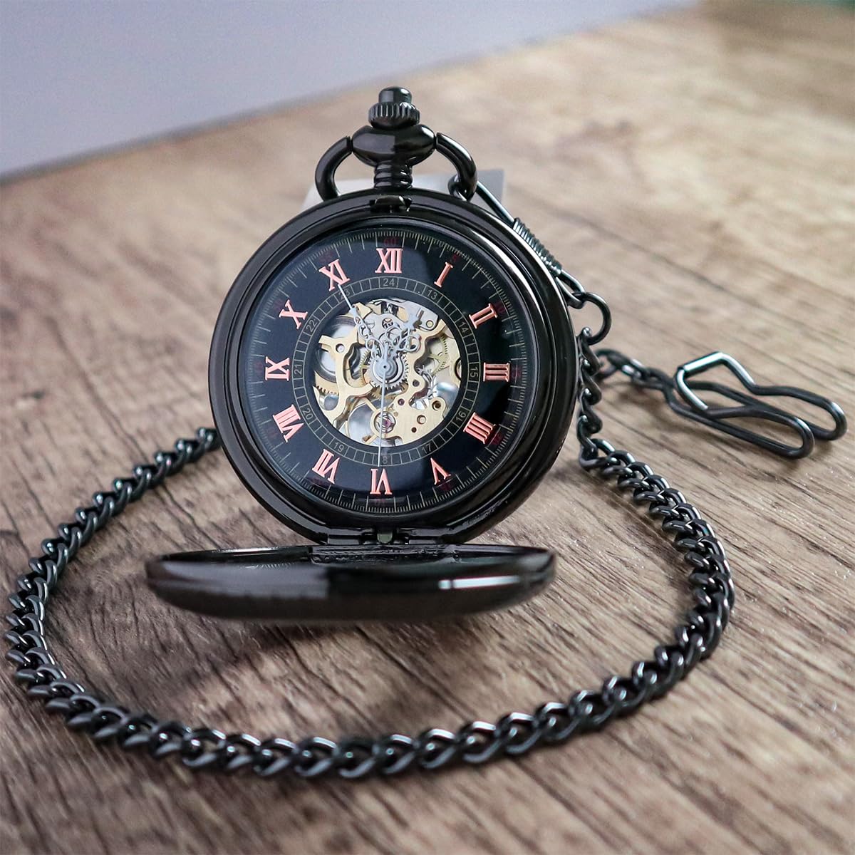 VIGOROSO Reloj de bolsillo mecánico para hombre, estilo vintage, steampunk, diseño hueco de grano de madera, con cadena y caja