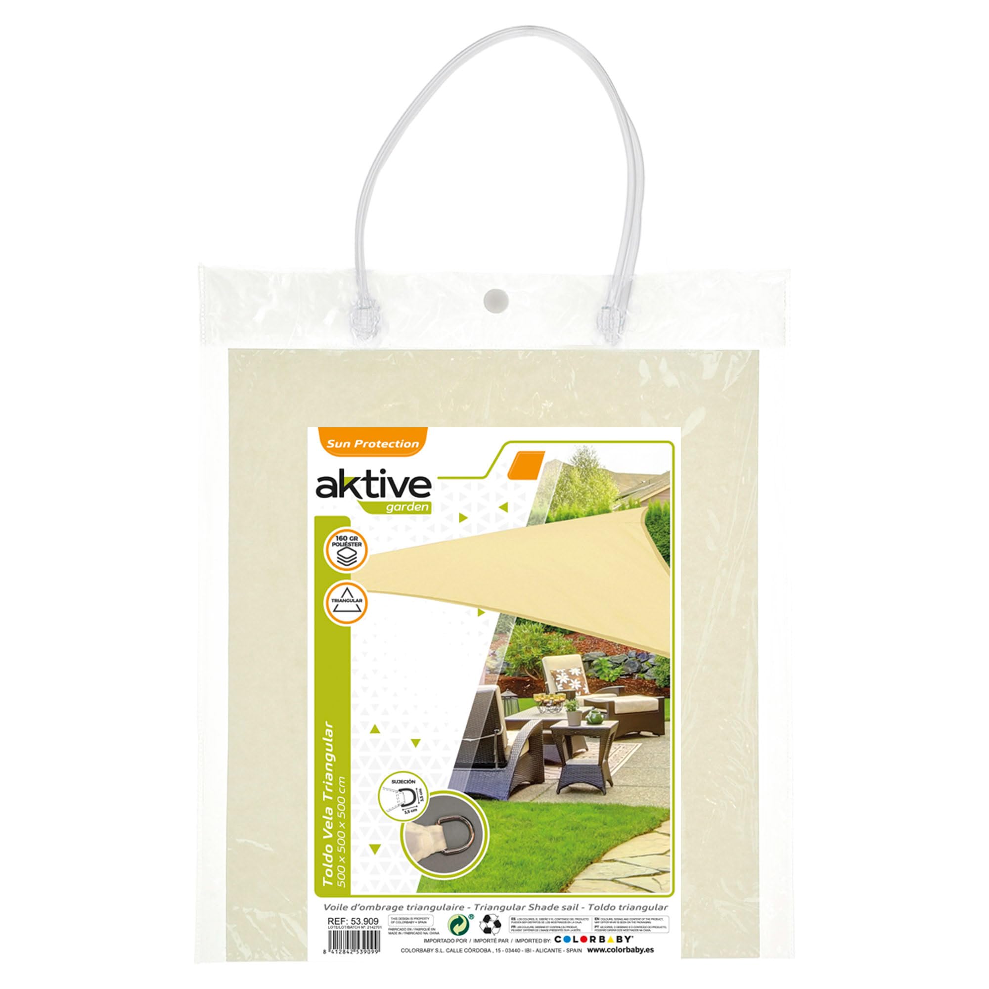 AKTIVE Voile d'Ombrage Triangulaire Beige 500 X 500 X 500 cm pour Jardin ou Terrasse, Polyester 160 g, M², Protection Solaire Durable pour l'Extérieur, Cordes de Fixation Incluses