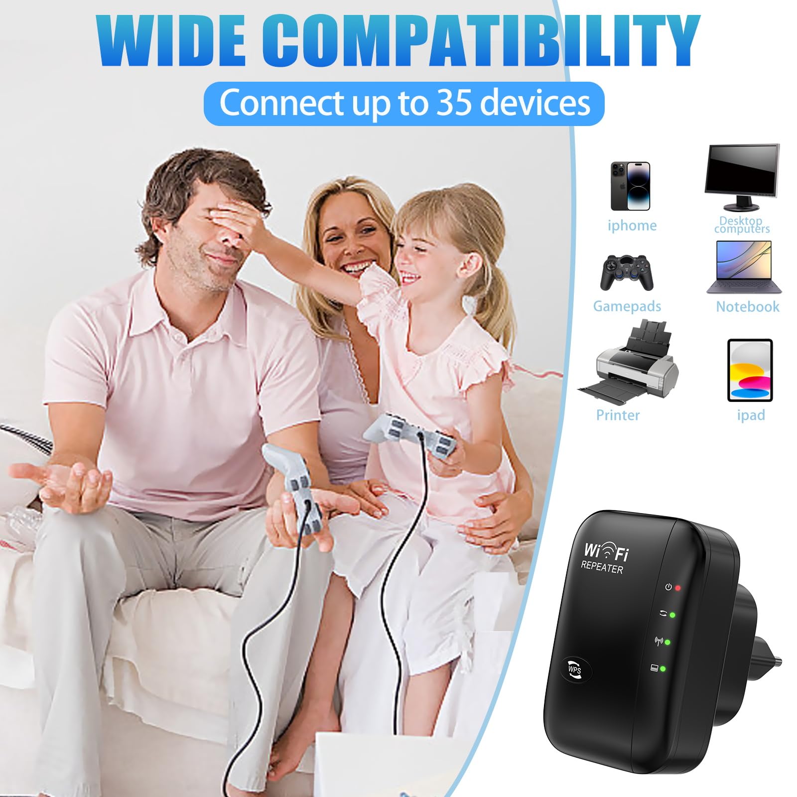 Ripetitore WiFi, Amplificatore WiFi 2.4 GHz 300 Mbps, Estensore Wi-Fi con Repertidore/Ap Modalità e Funzione WPS, Amplificatore Segnale di Rete Wi-Fi con Porta Ethernet Compatibile con tutti i