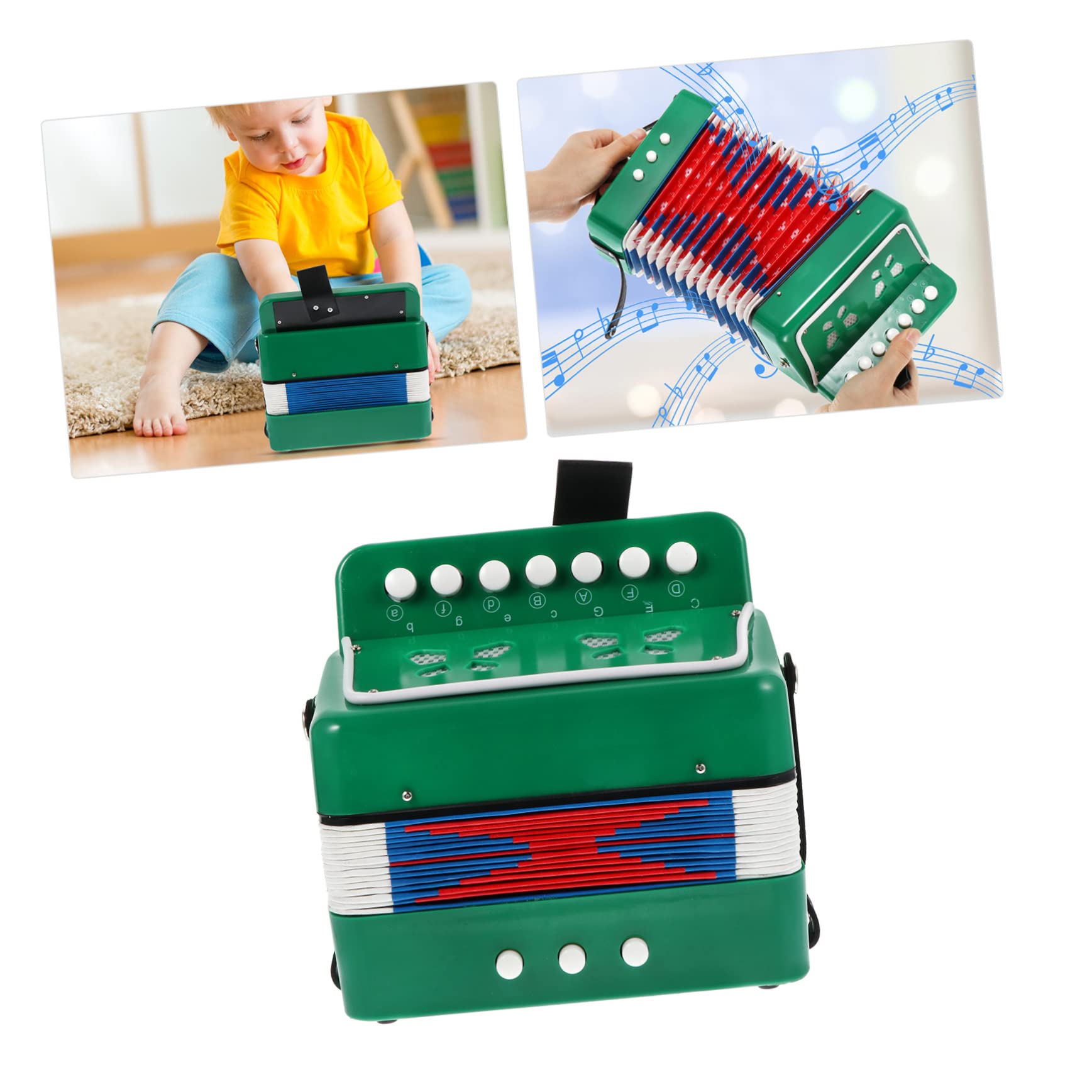 Acordeón Adorable para Niños de 7 Teclas en Plástico Verde, Instrumento Musical Seguro y Creativo para Mejorar Habilidades Cognitivas Infantiles