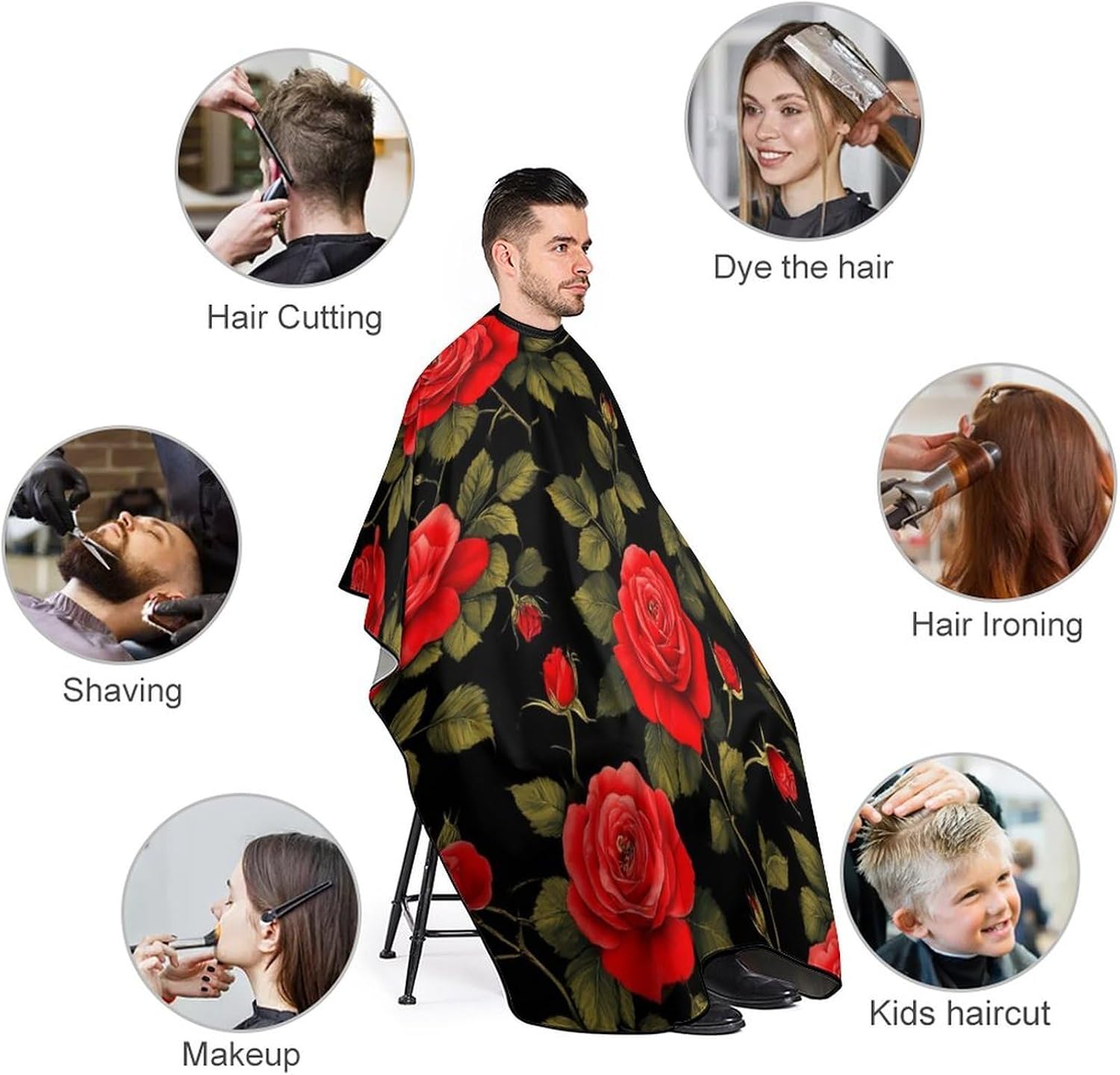 Men's Professional Hair Cutting Cape with Adjustable Closure Barber Cape Floral Flowers Black Red Roses