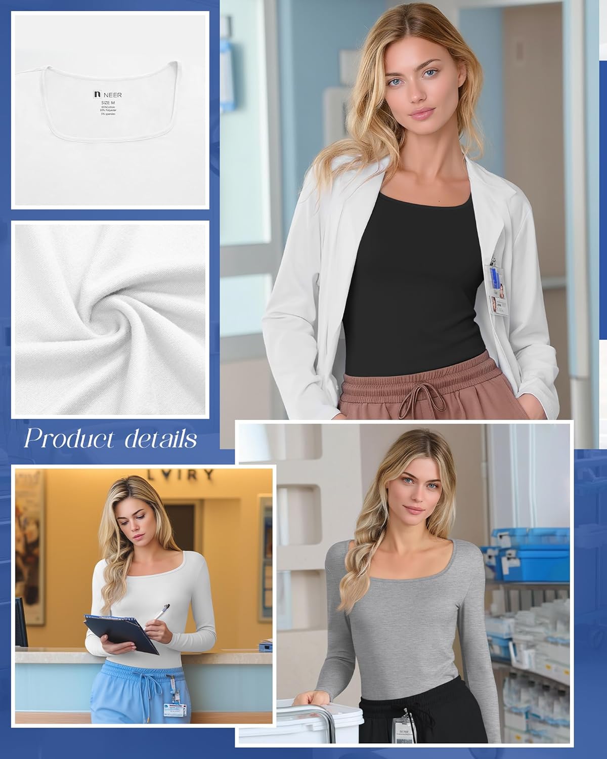 Neer 3 Pack Womens Underscrub Shirts Long Sleeve Square Neck Tops Scrub Tee Comfort Basic Layering Clothes for Nurse