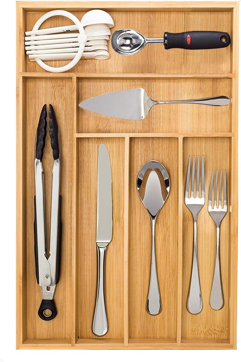 – GeoVeins Silverware Drawer Organizer – Large Bamboo Kitchen Flatware Drawer Organizer Divider, Cutlery and Utensil Holder Tray with 6 Compartments – 43 x 30 x 5.5cm