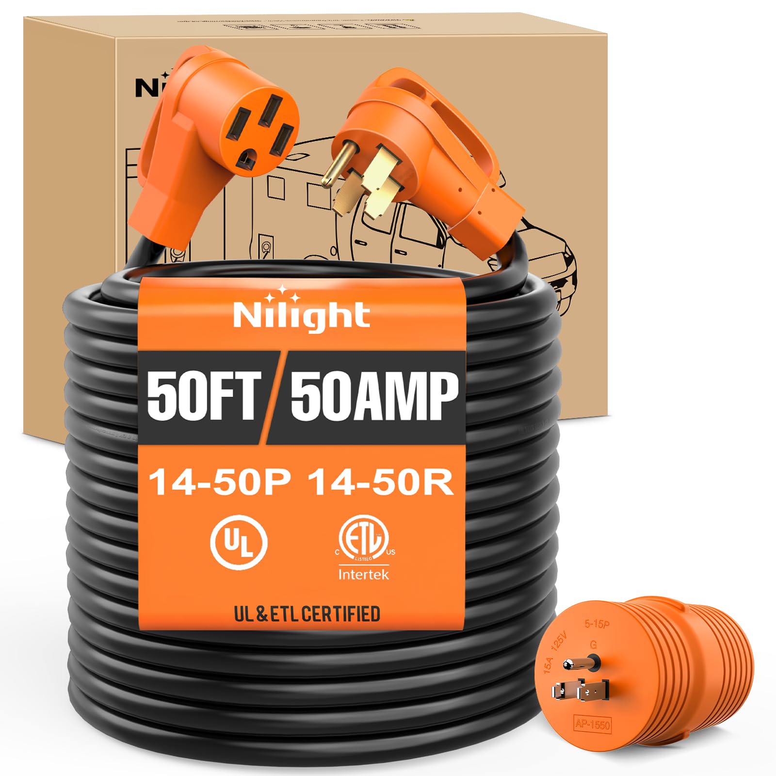 Nilight 50FT 50 Amp RV Extension Cord with Adapter 6/3+8/1 Gauge