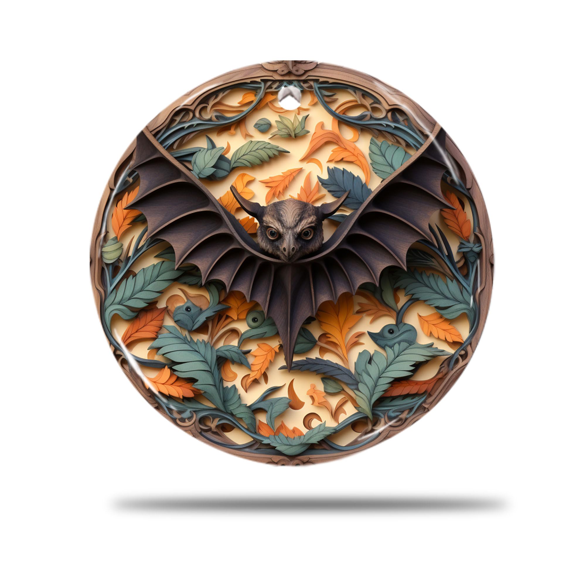 Zishenghuodianzishangwuyouxiangongsi Ceramic Christmas Ornaments, 7.3Cm Wood Carving Of A Bat In Tree 3D Xmas Tree Ornament Hanging Xmas Tree Bauble Hanging Decorations For Indoor Party Family