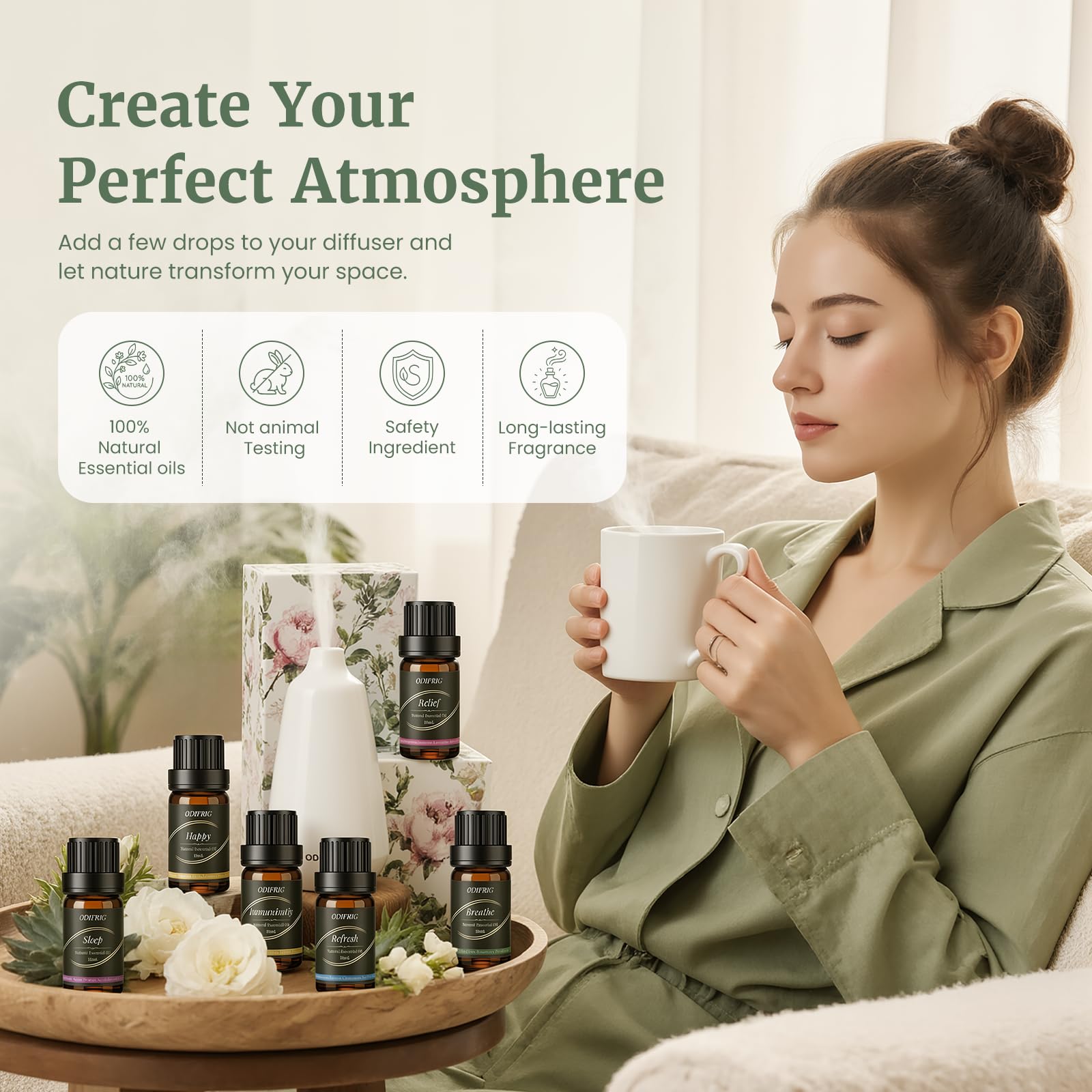 Oli Essenziali per Diffusore 6x10ml,Set Oli Essenziali Naturali per Aromaterapia Relax, Sonno,Anti Stress e Benessere,Spa Casa, Umidificatore - Refresh,Relief,Sleep,Breathe,Immunity & Happy