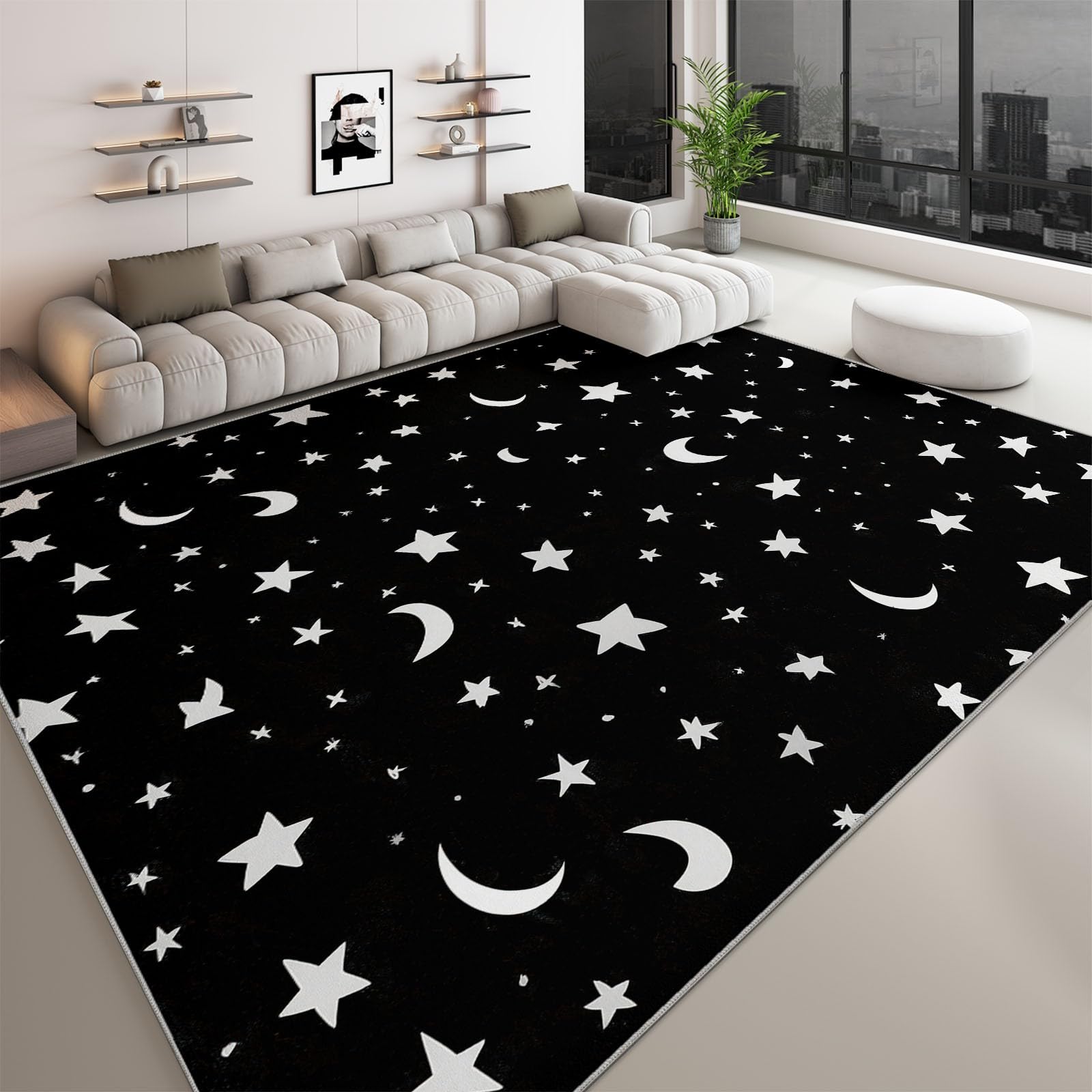 Tapis noir étoiles lune 160 x 230 cm antidérapant poil court pour salon