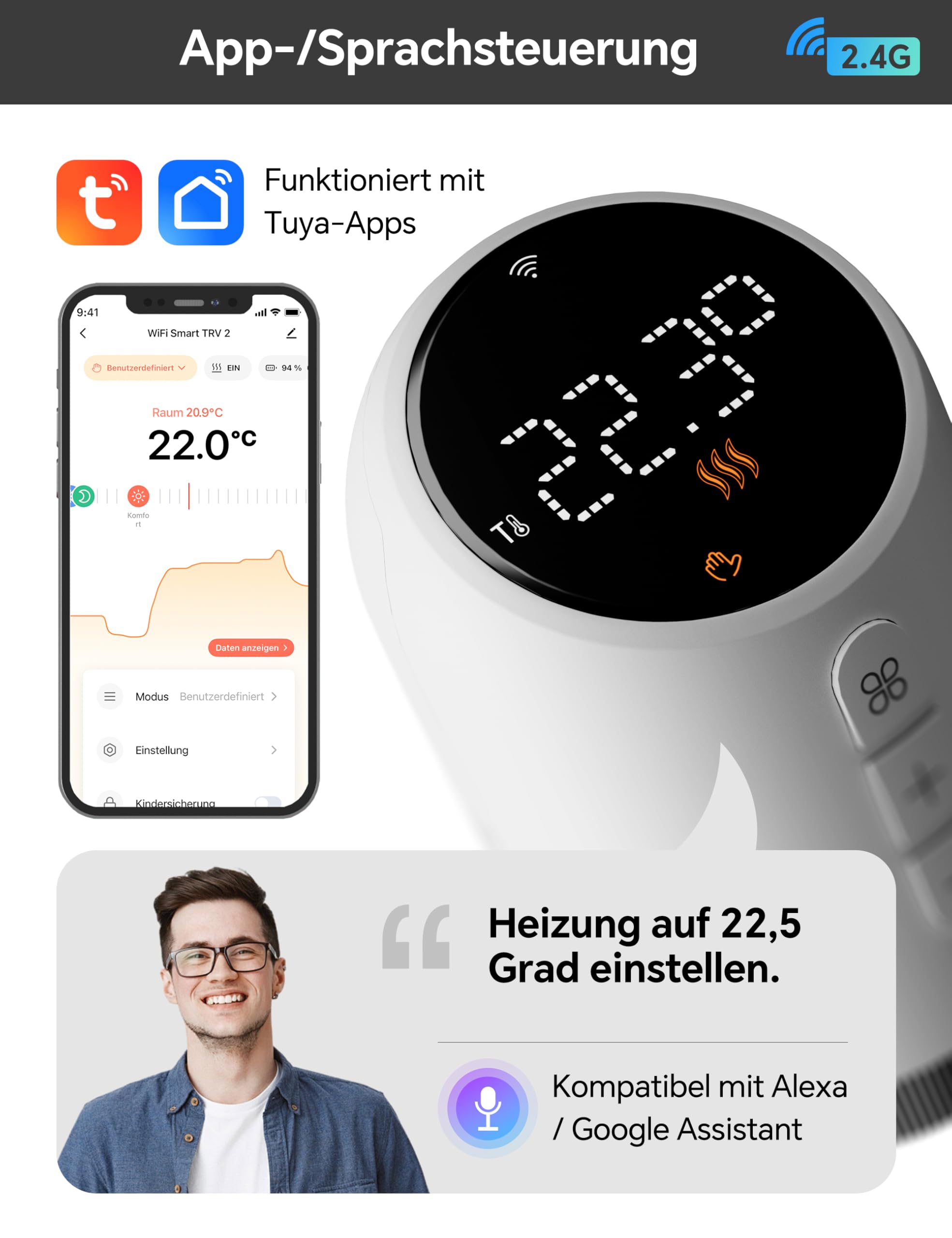 Heizkörperthermostat WLAN, Beok Thermostat Heizung Smart Thermostatkopf WiFi Heizungsthermostat Heizungsregler Digital Steuerung Per Tuya App, Google Assistant & Alexa, Batteriebetrieb