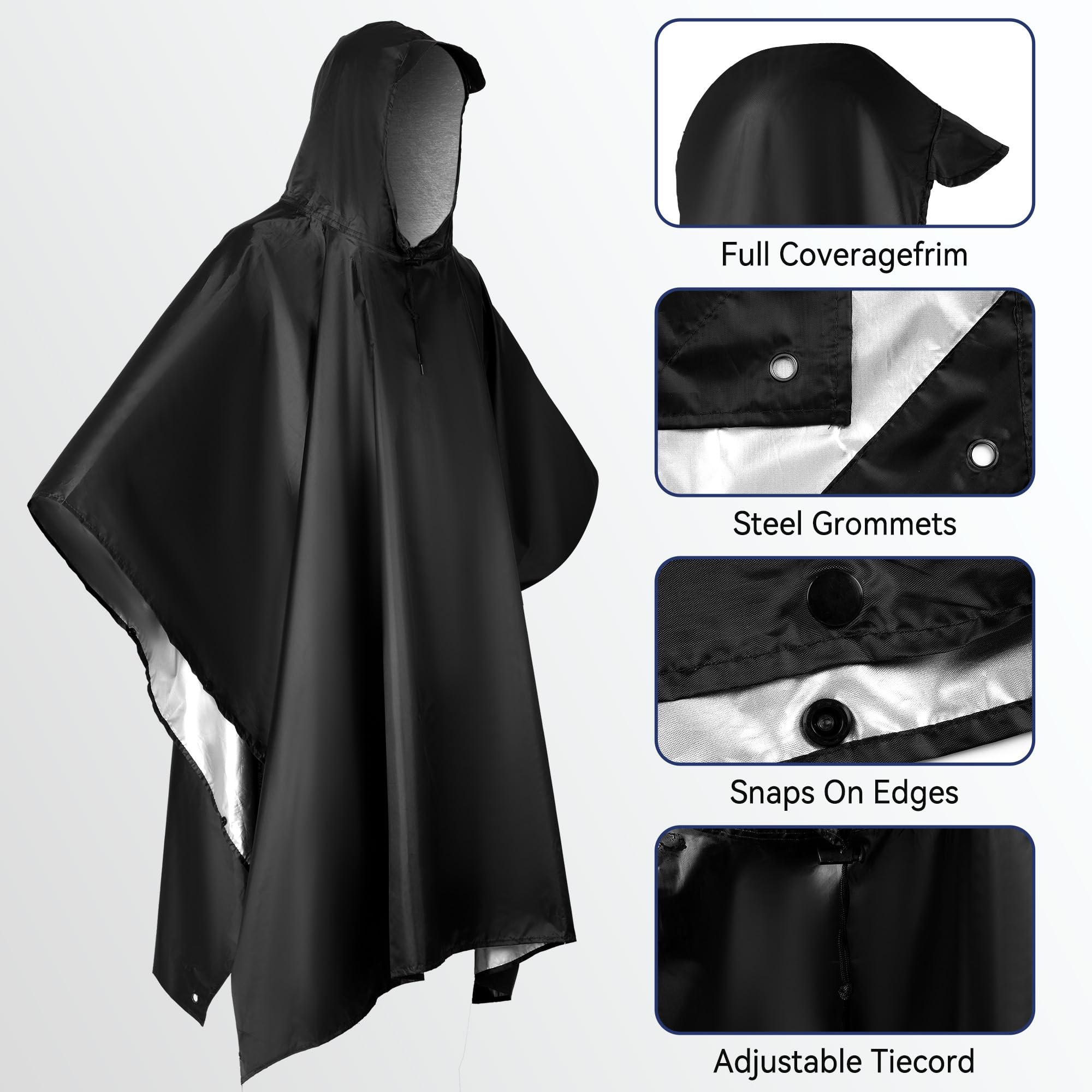 Vortix Poncho de pluie réutilisable 3 en 1 pour homme et femme, veste de pluie, Noir, L