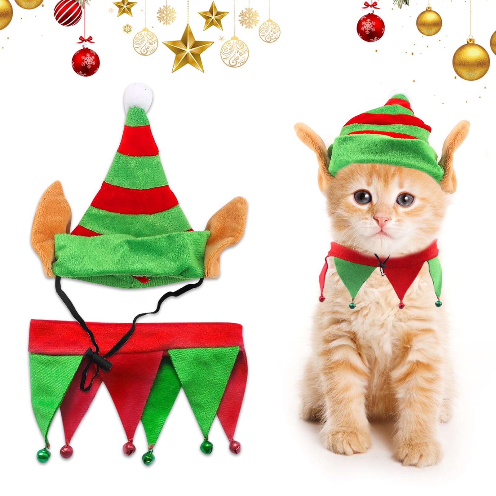 Threetols Dog Christmas Costumes Set, Dog Christmas Outfit Dog Cat Green Red Top Hat Outfit Funny Elf Xmas Hat and Collar with Bell Set for Puppy