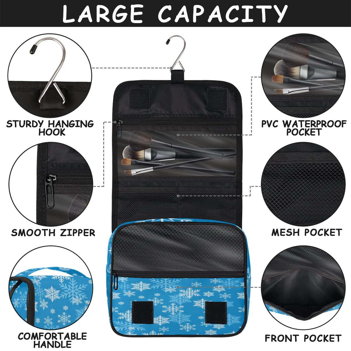 Śnieżynka Podróżna Kosmetyczka Niebieski płatek śniegu Torba do mycia Torba Unisex Wiszące przybory toaletowe Kosmetyczka Organizer do makijażu, wielobarwny, Jeden rozmiar