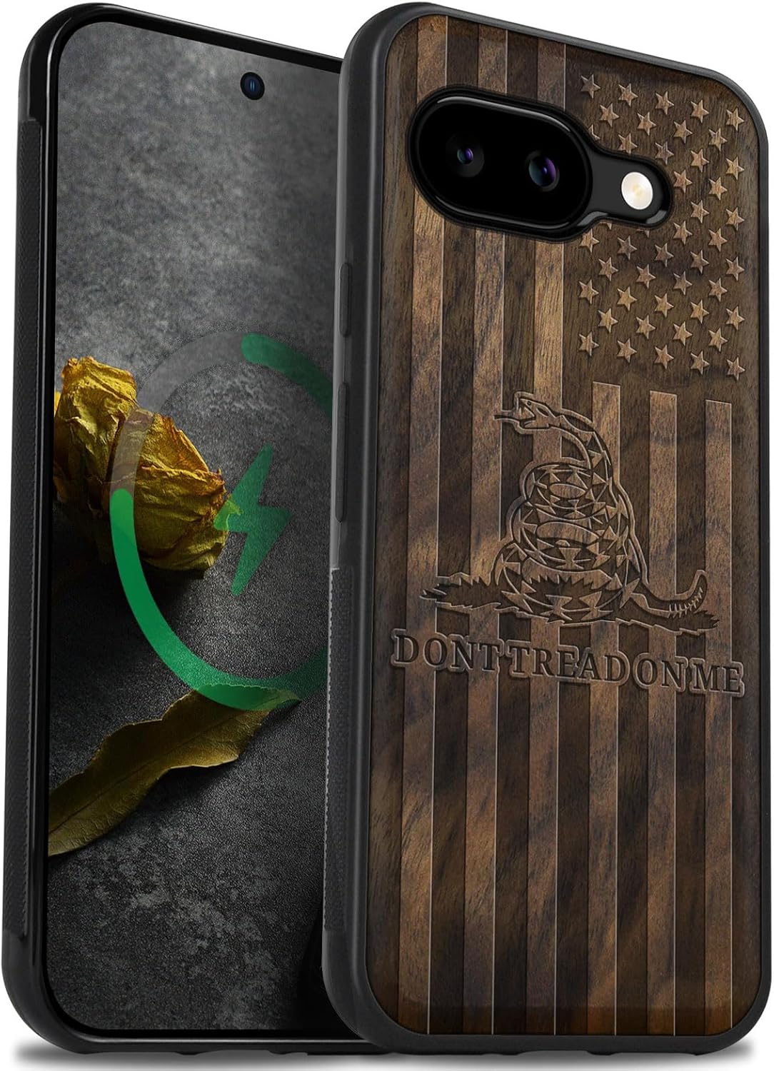 Carveit Magnetic Wooden Case for Google Pixel 9a Case, Wood Artisan Engraved & Soft TPU Shockproof Cover, Compatible with MagSafe Wireless Chargers (Gadsden and American Flag) Walnut