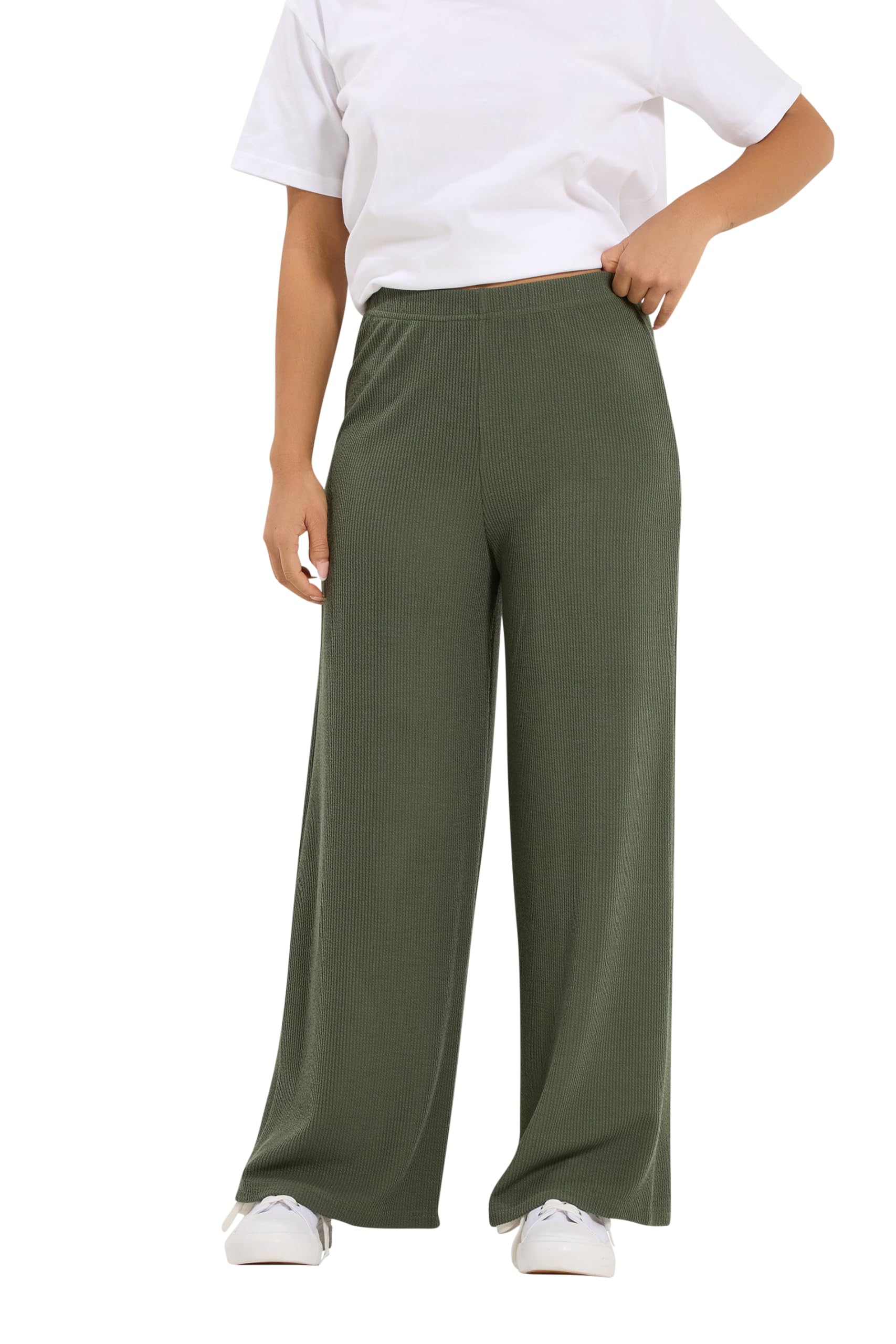 M&Co Women's Dark Green Petite Ribbed Wide Leg Trousers In | : Size 14