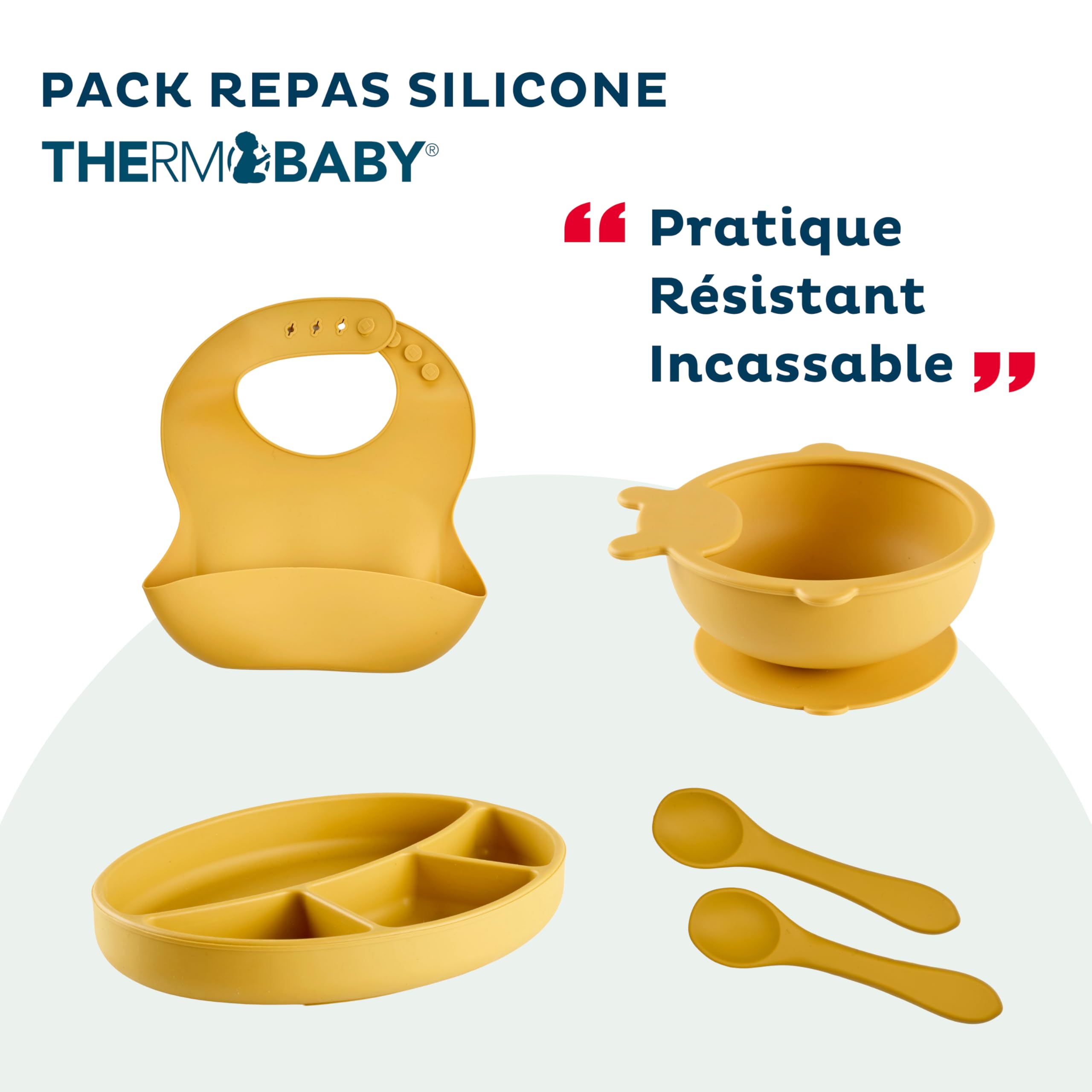 THERMOBABY - Pack Repas Bébé En Silicone – Assiette Avec Ventouse, Bol Avec Ventouse, Bavoir, Cuillères – Set Complet Et Pratique Pour Les Premiers Repas De Bébé - Jaune Miel
